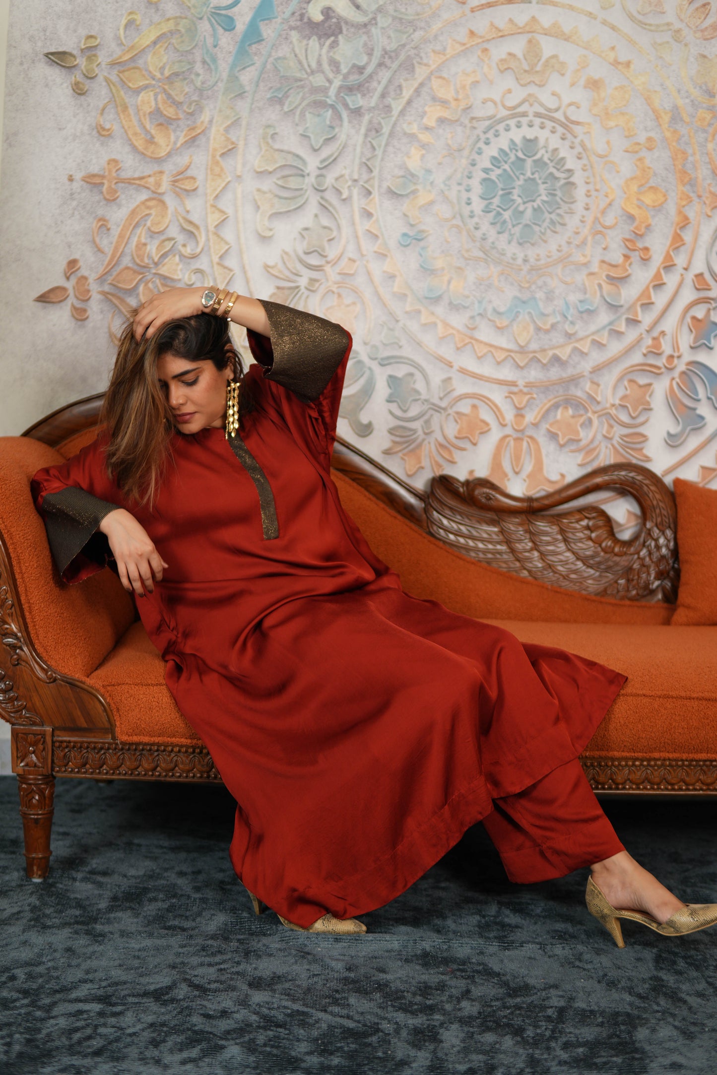 RUBY RUSSET MODAL SILK KURTA SET WITH BRONZE TISSUE DETAILING