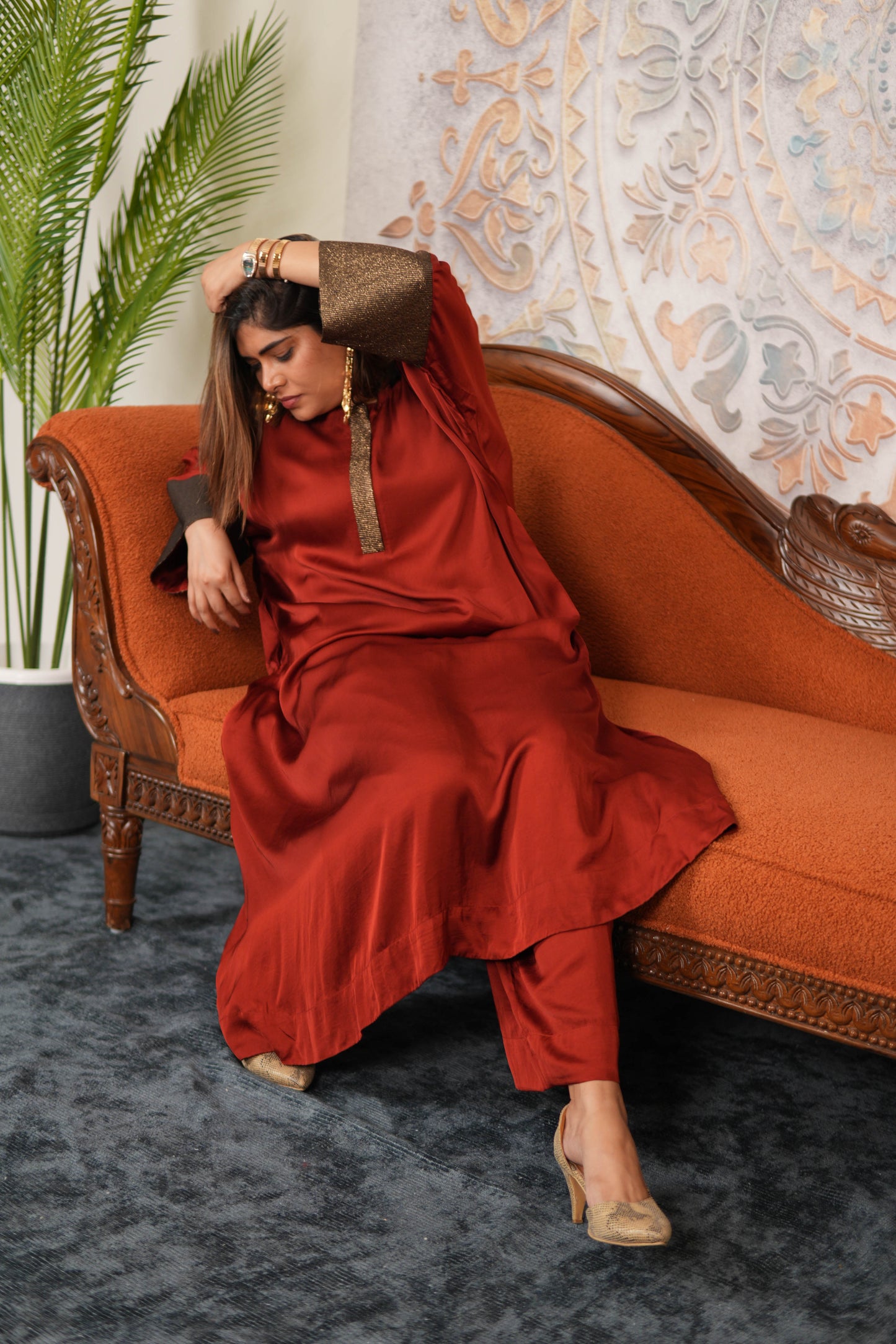 RUBY RUSSET MODAL SILK KURTA SET WITH BRONZE TISSUE DETAILING
