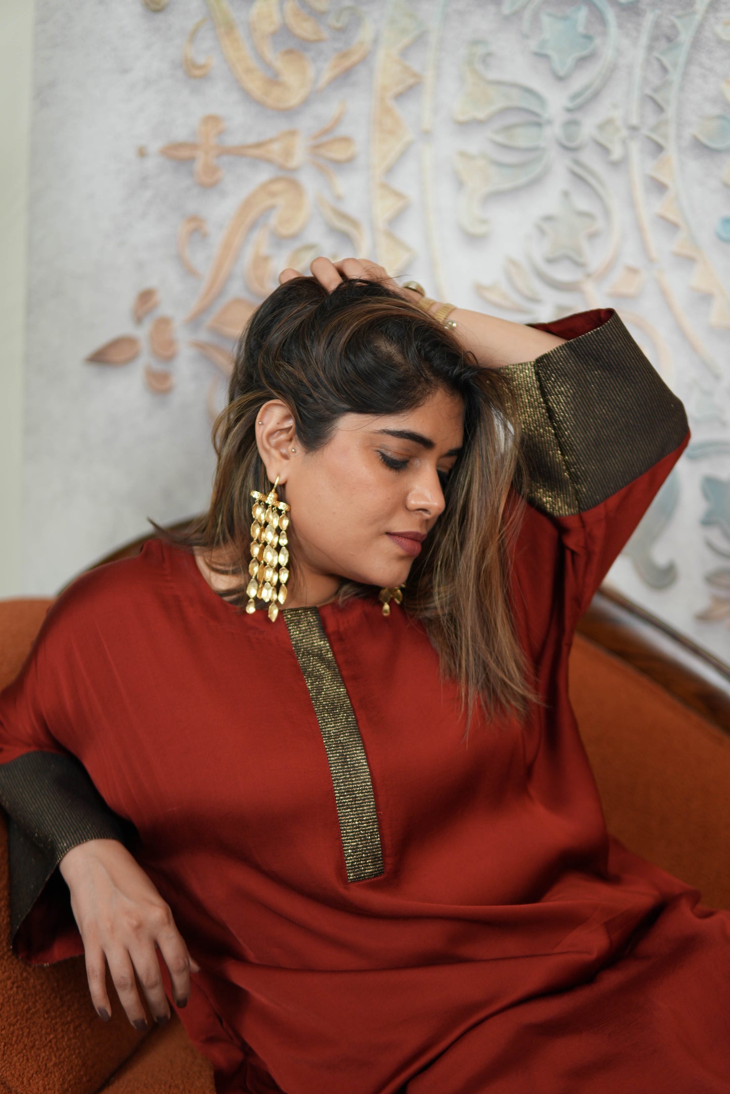 RUBY RUSSET MODAL SILK KURTA SET WITH BRONZE TISSUE DETAILING