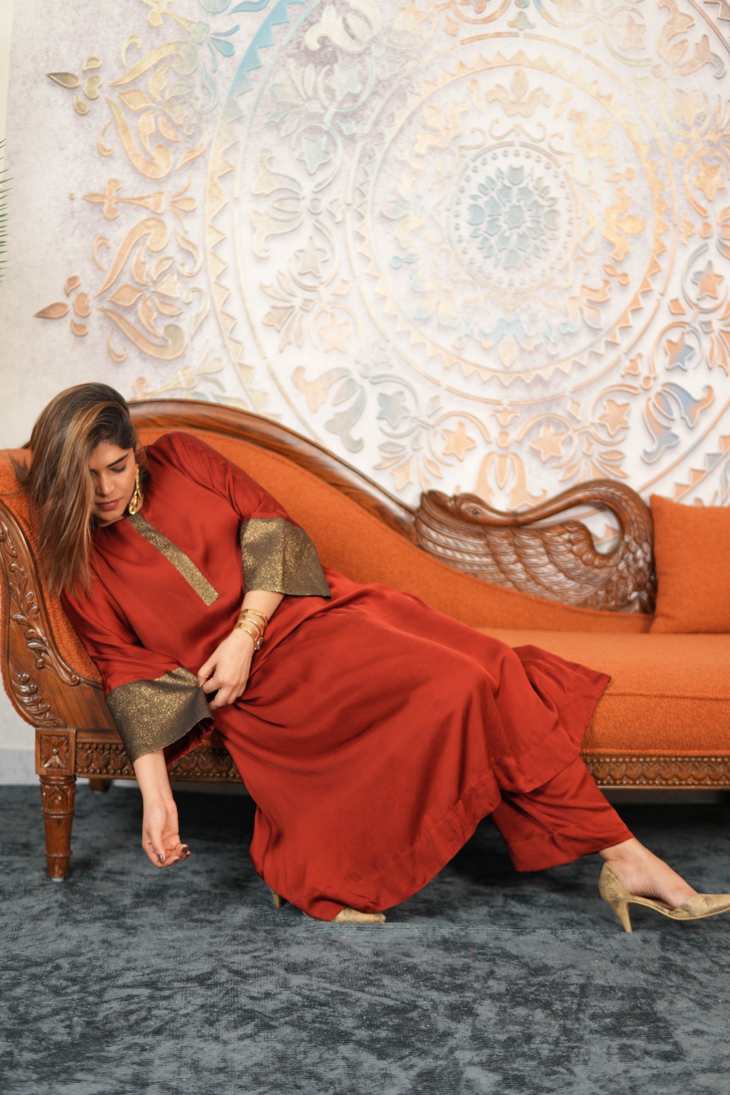 RUBY RUSSET MODAL SILK KURTA SET WITH BRONZE TISSUE DETAILING