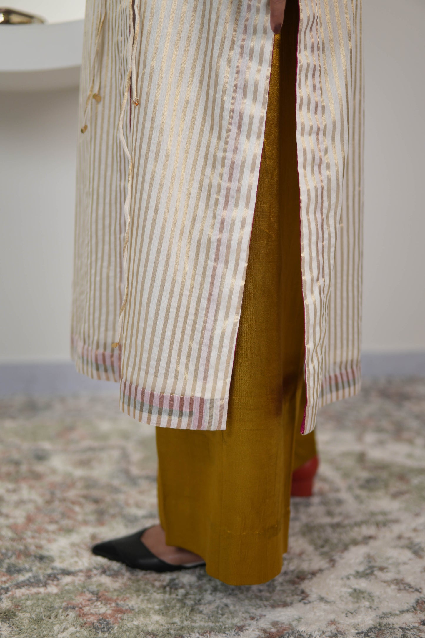 SEHAJ CHANDERI SILK ANGRAKHA TUNIC WITH GOLDEN MASHRU SILK PANTS