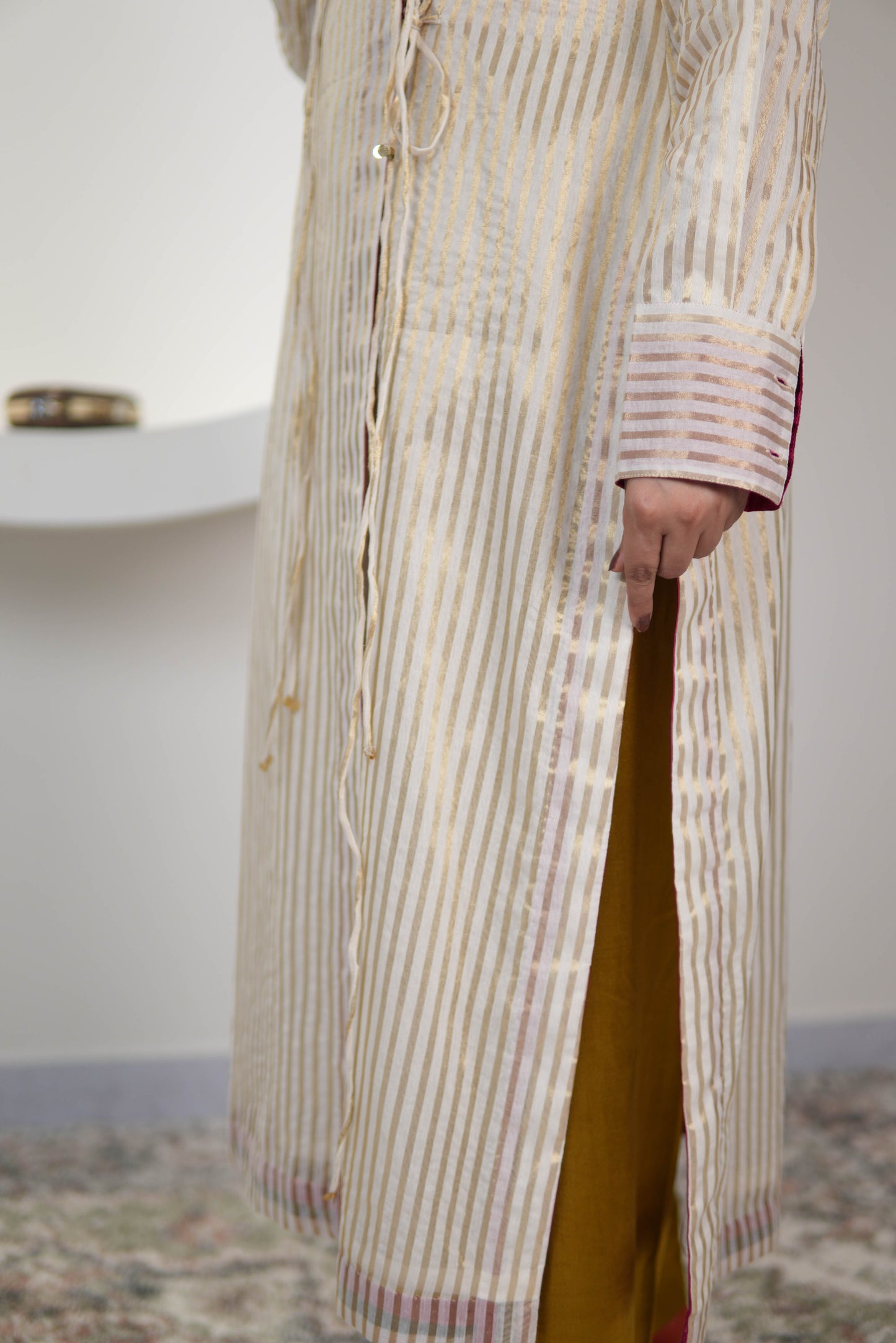SEHAJ CHANDERI SILK ANGRAKHA TUNIC WITH GOLDEN MASHRU SILK PANTS