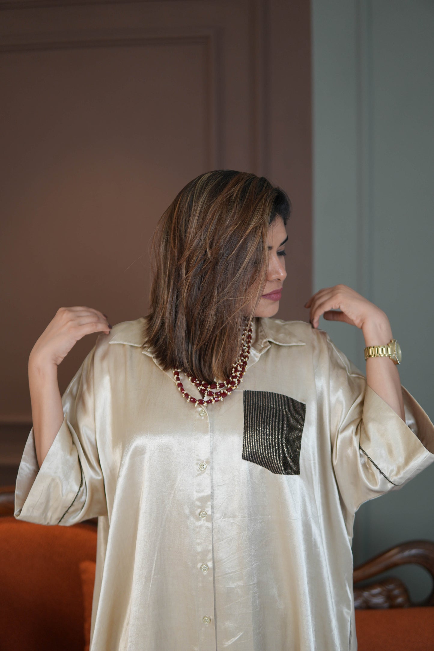 SITARA IVORY MASHRU SHIRT AND PANTS SET