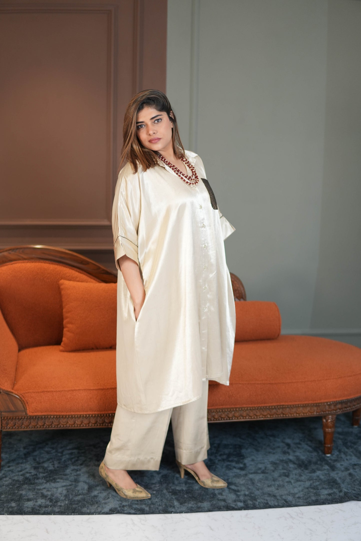 SITARA IVORY MASHRU SHIRT AND PANTS SET