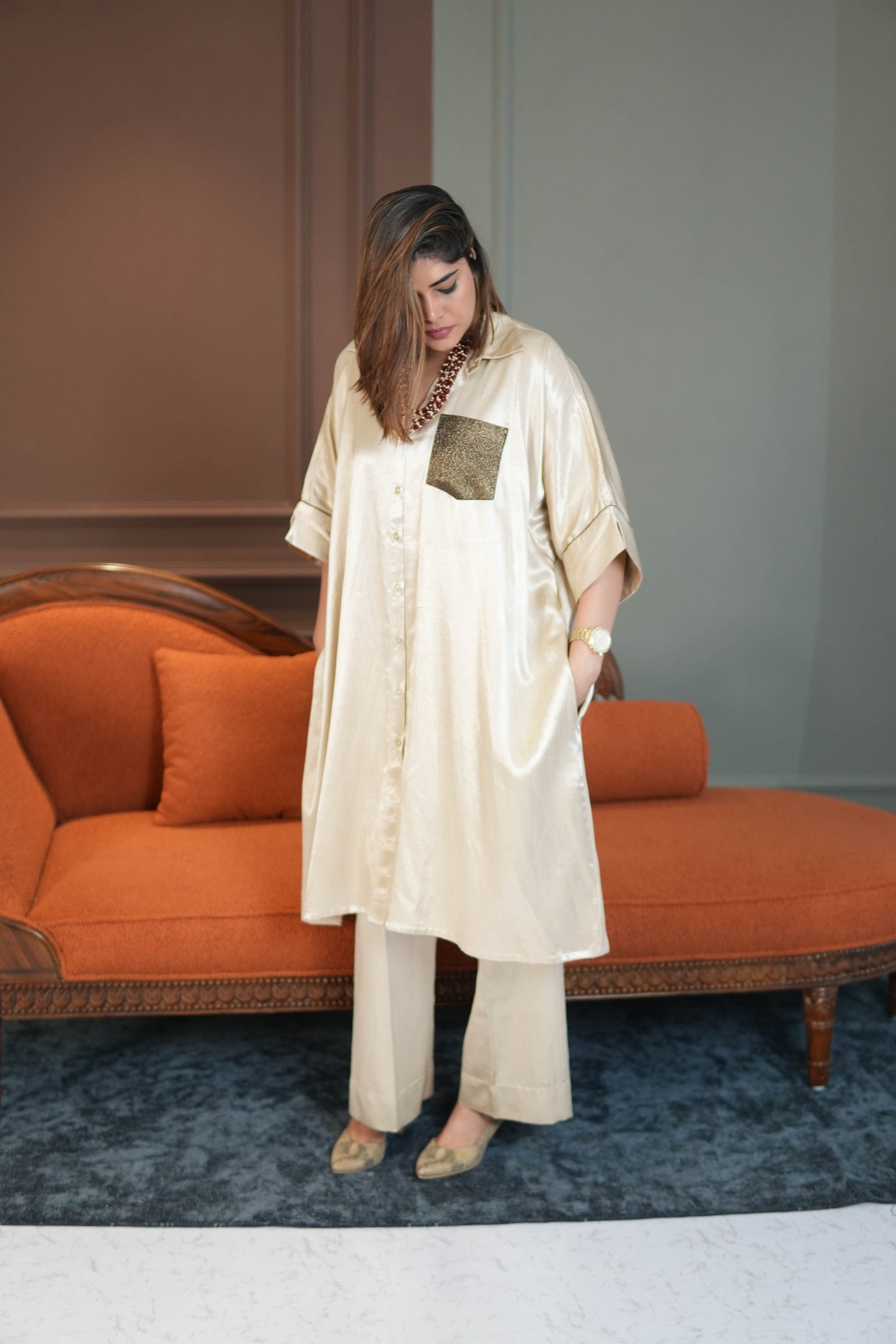 SITARA IVORY MASHRU SHIRT AND PANTS SET