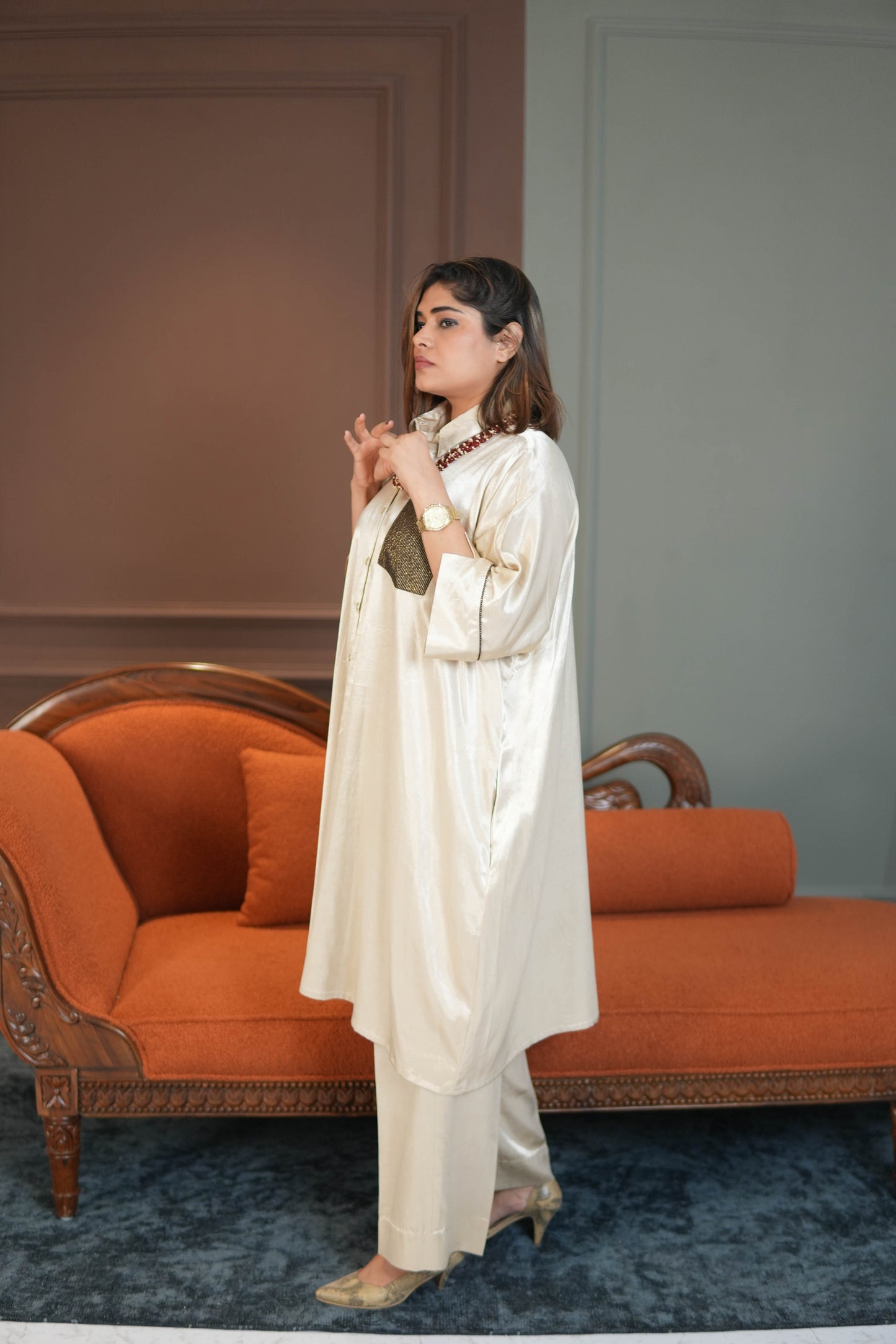 SITARA IVORY MASHRU SHIRT AND PANTS SET