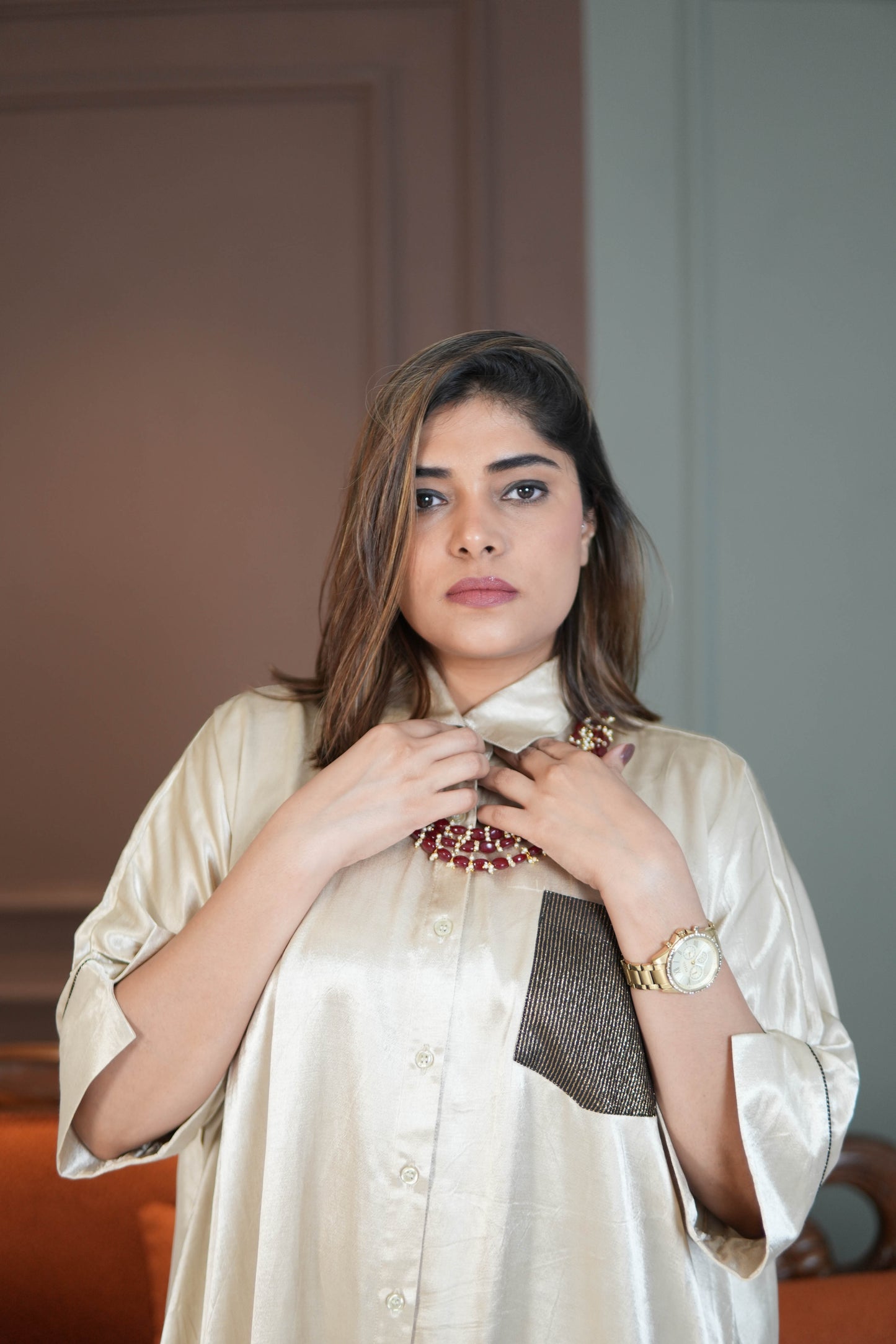 SITARA IVORY MASHRU SHIRT AND PANTS SET