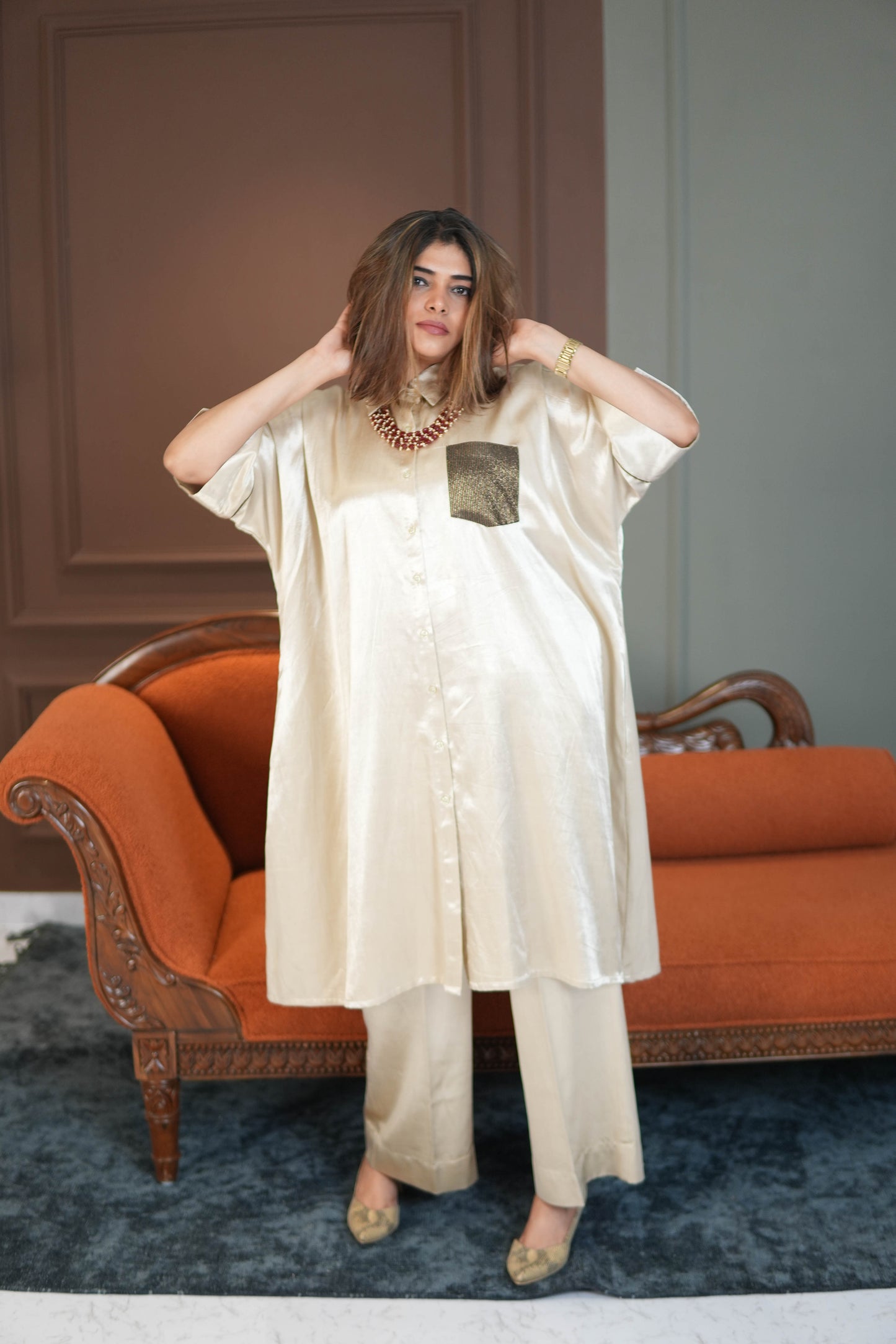 SITARA IVORY MASHRU SHIRT AND PANTS SET