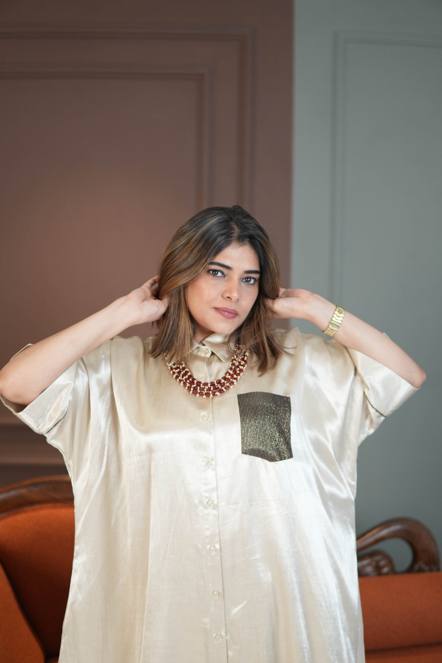 SITARA IVORY MASHRU SHIRT AND PANTS SET