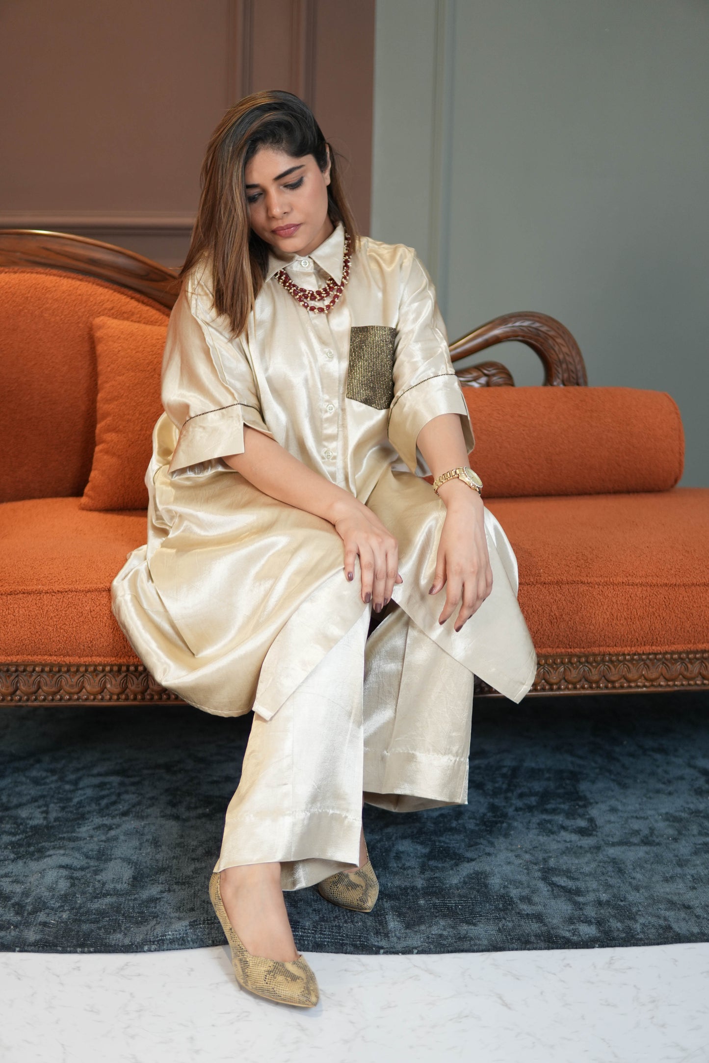 SITARA IVORY MASHRU SHIRT AND PANTS SET