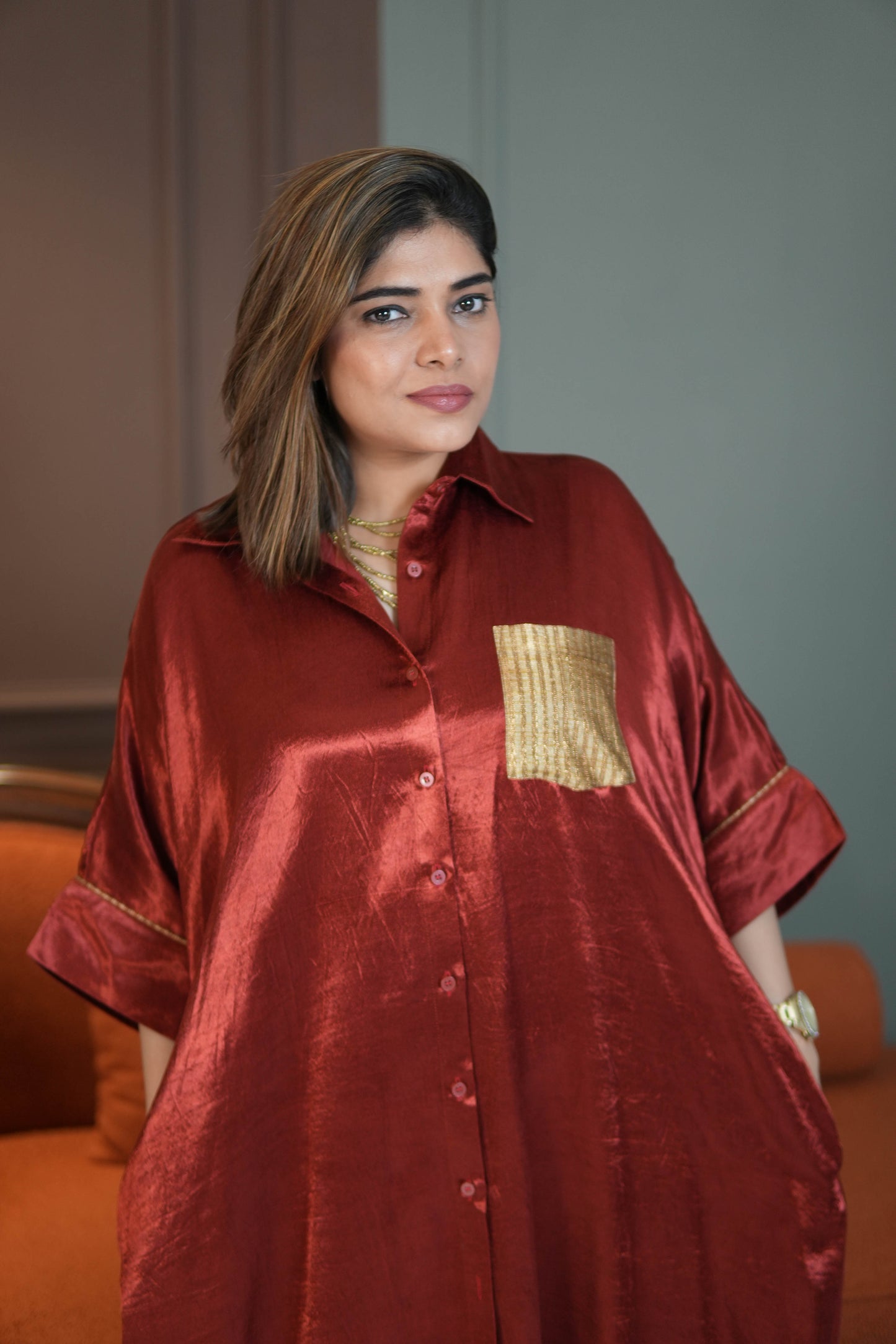 SUURKH RED MASHRU SHIRT AND PANTS SET