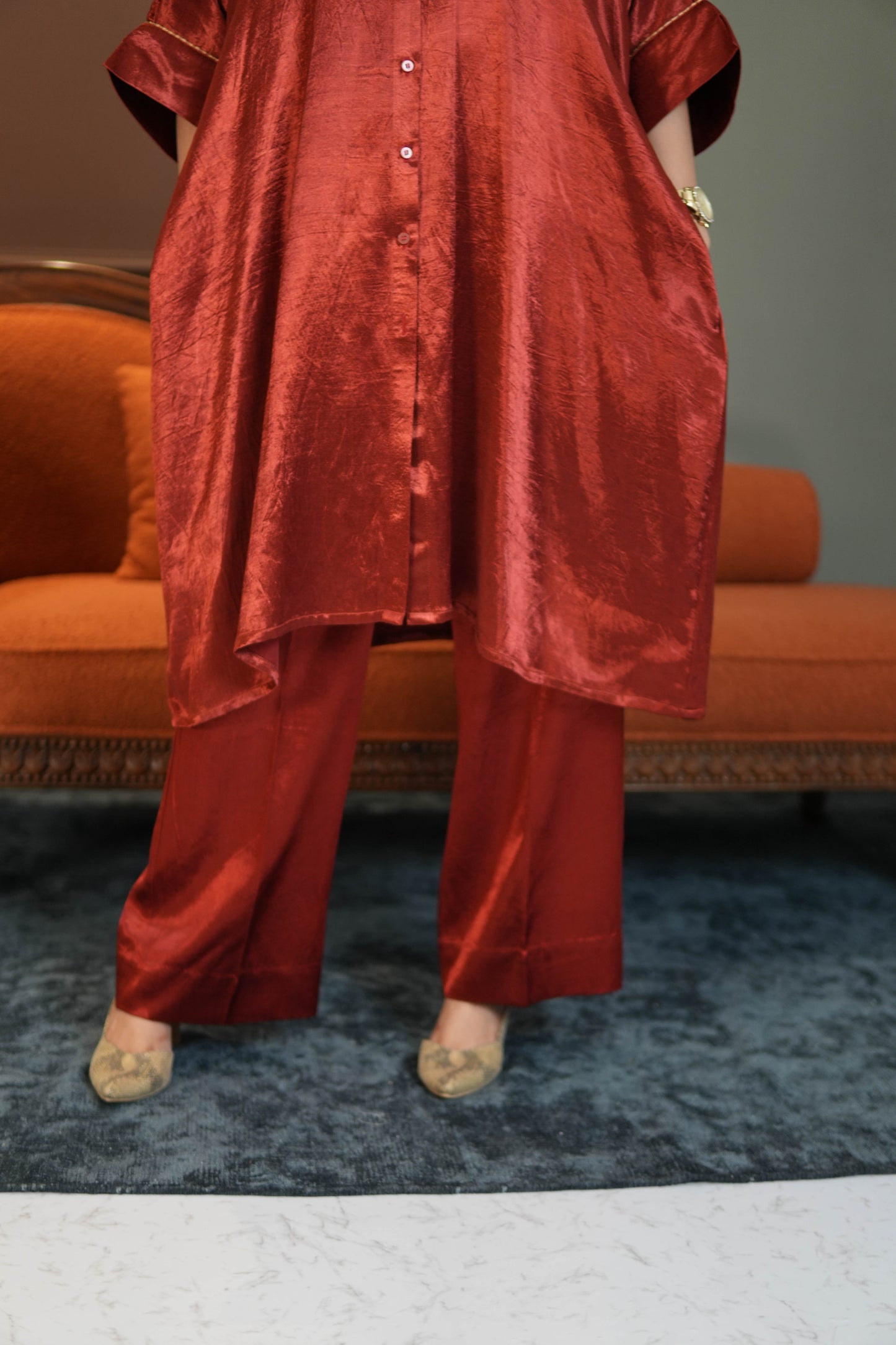 SUURKH RED MASHRU SHIRT AND PANTS SET