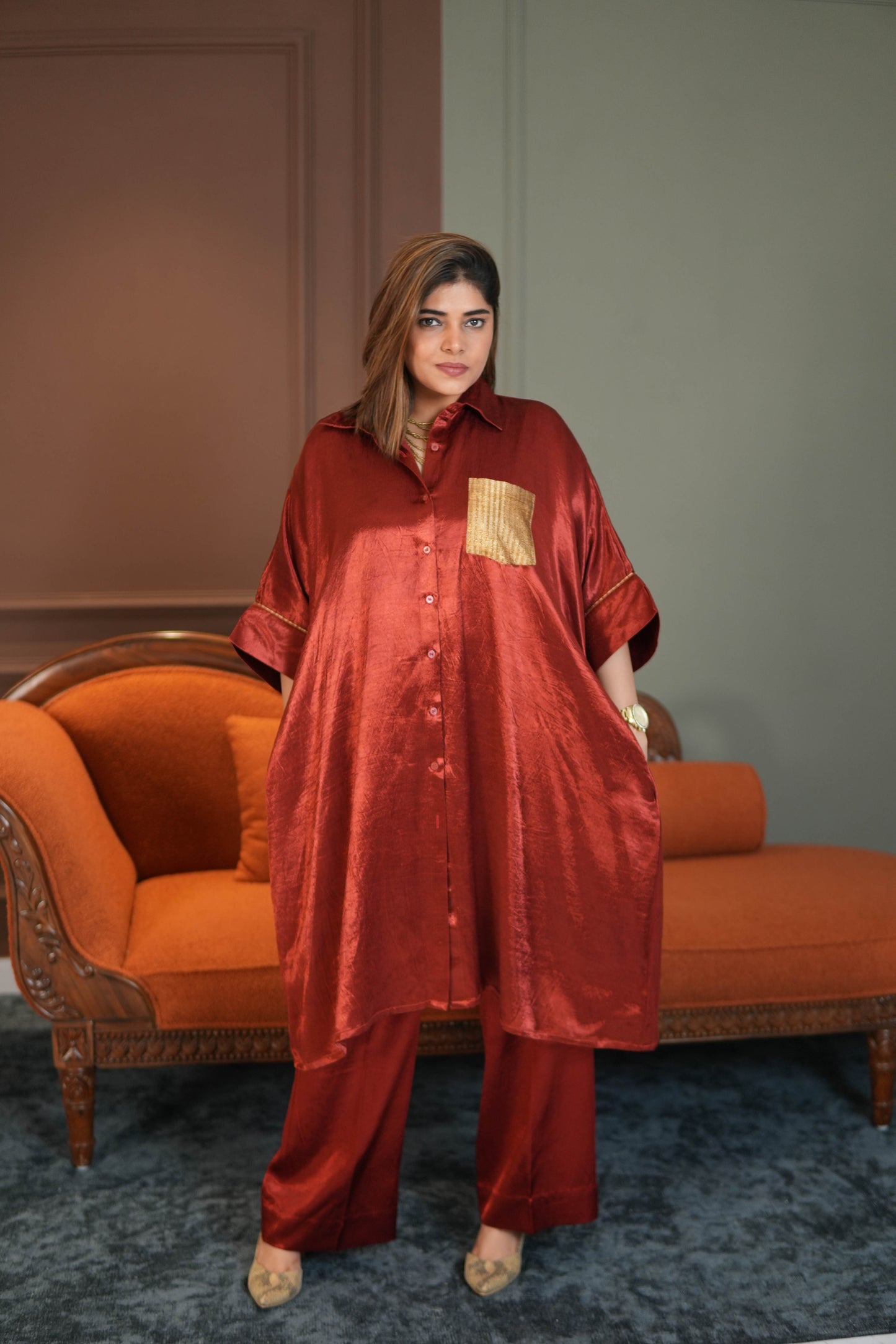 SUURKH RED MASHRU SHIRT AND PANTS SET