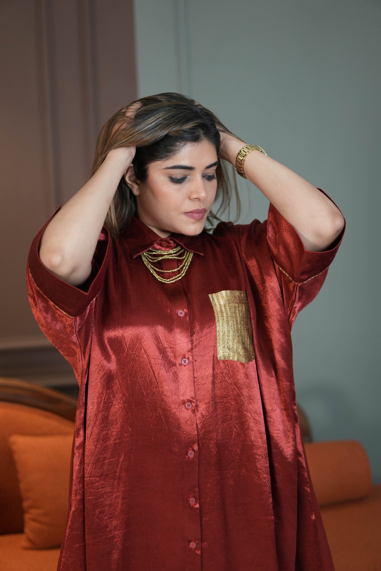 SUURKH RED MASHRU SHIRT AND PANTS SET