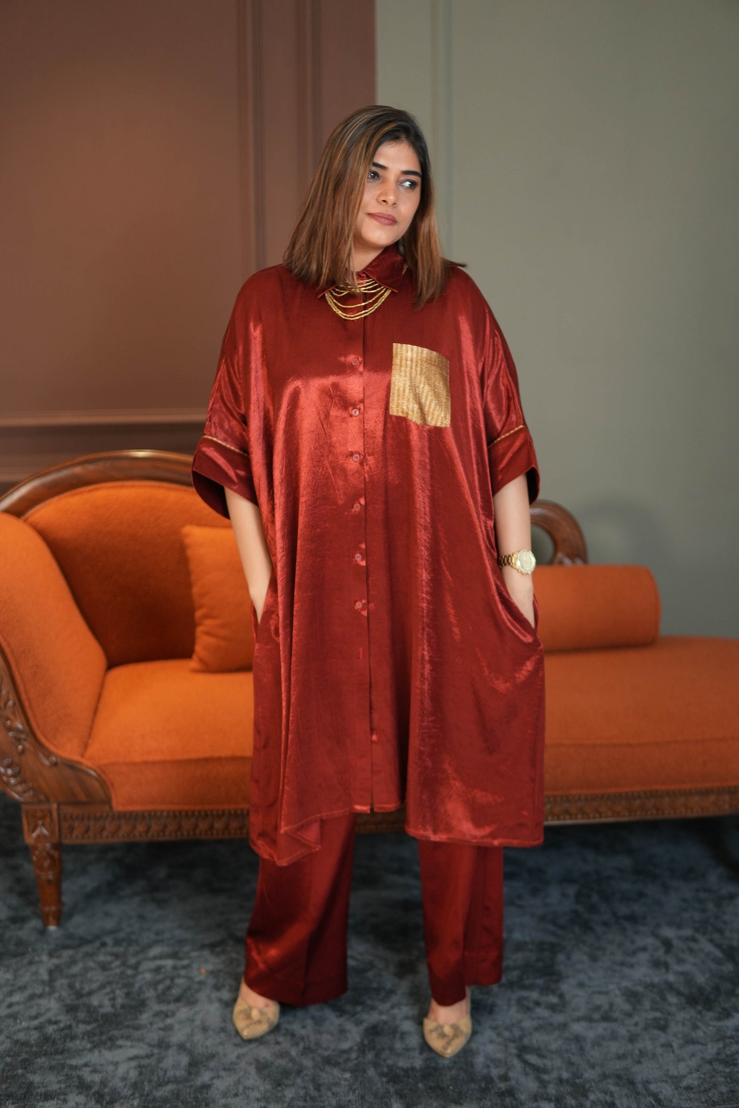 SUURKH RED MASHRU SHIRT AND PANTS SET