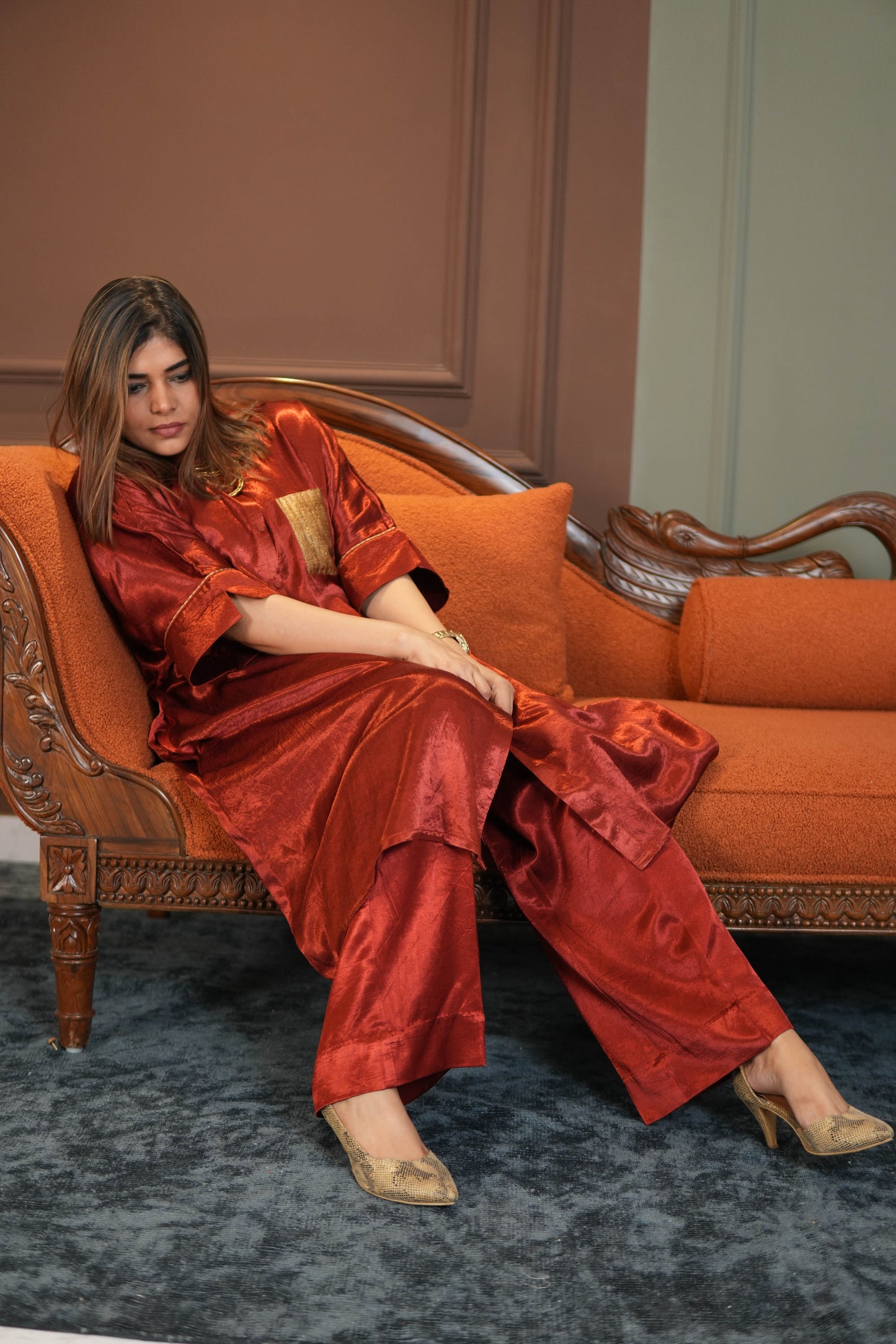 SUURKH RED MASHRU SHIRT AND PANTS SET