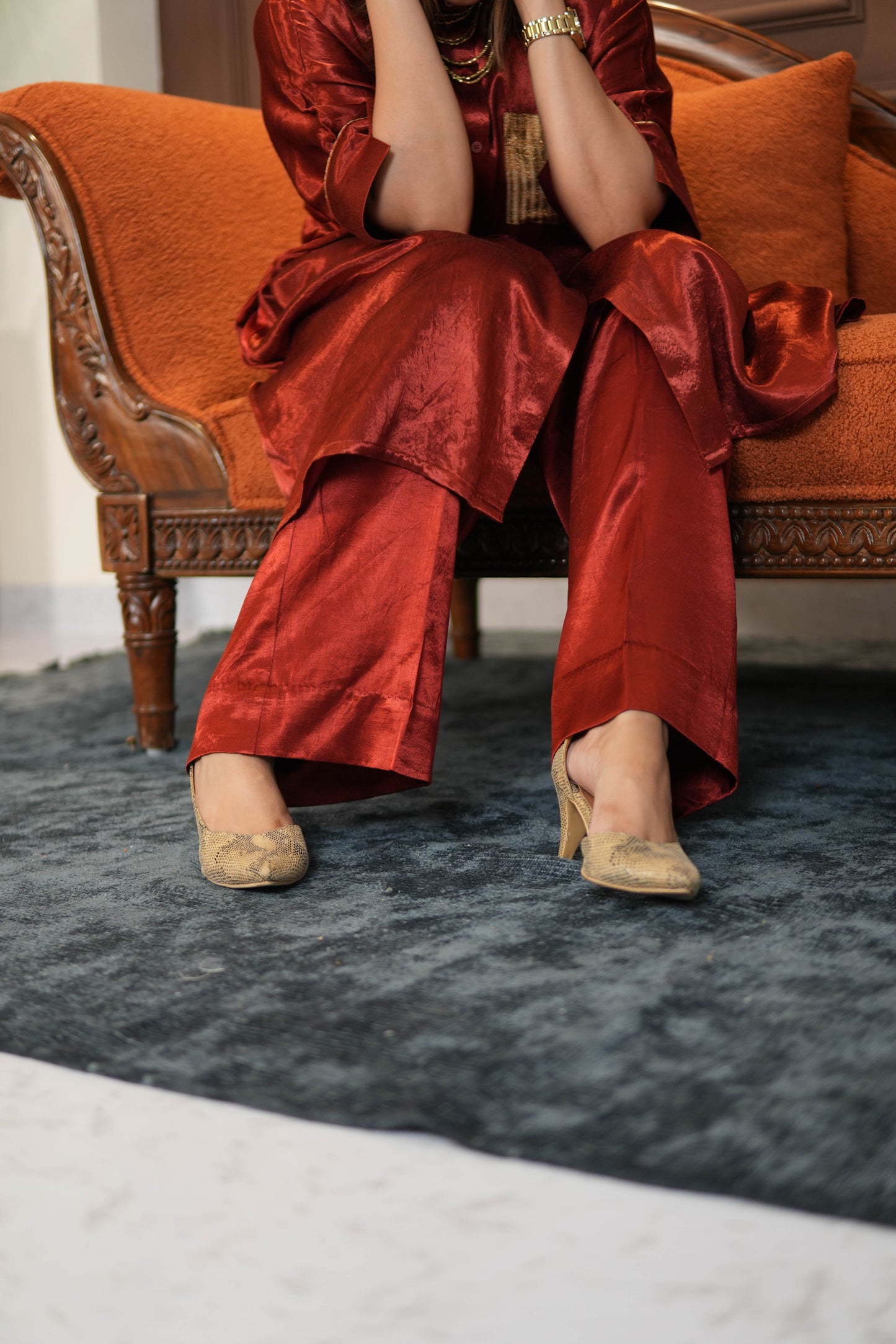 SUURKH RED MASHRU SHIRT AND PANTS SET