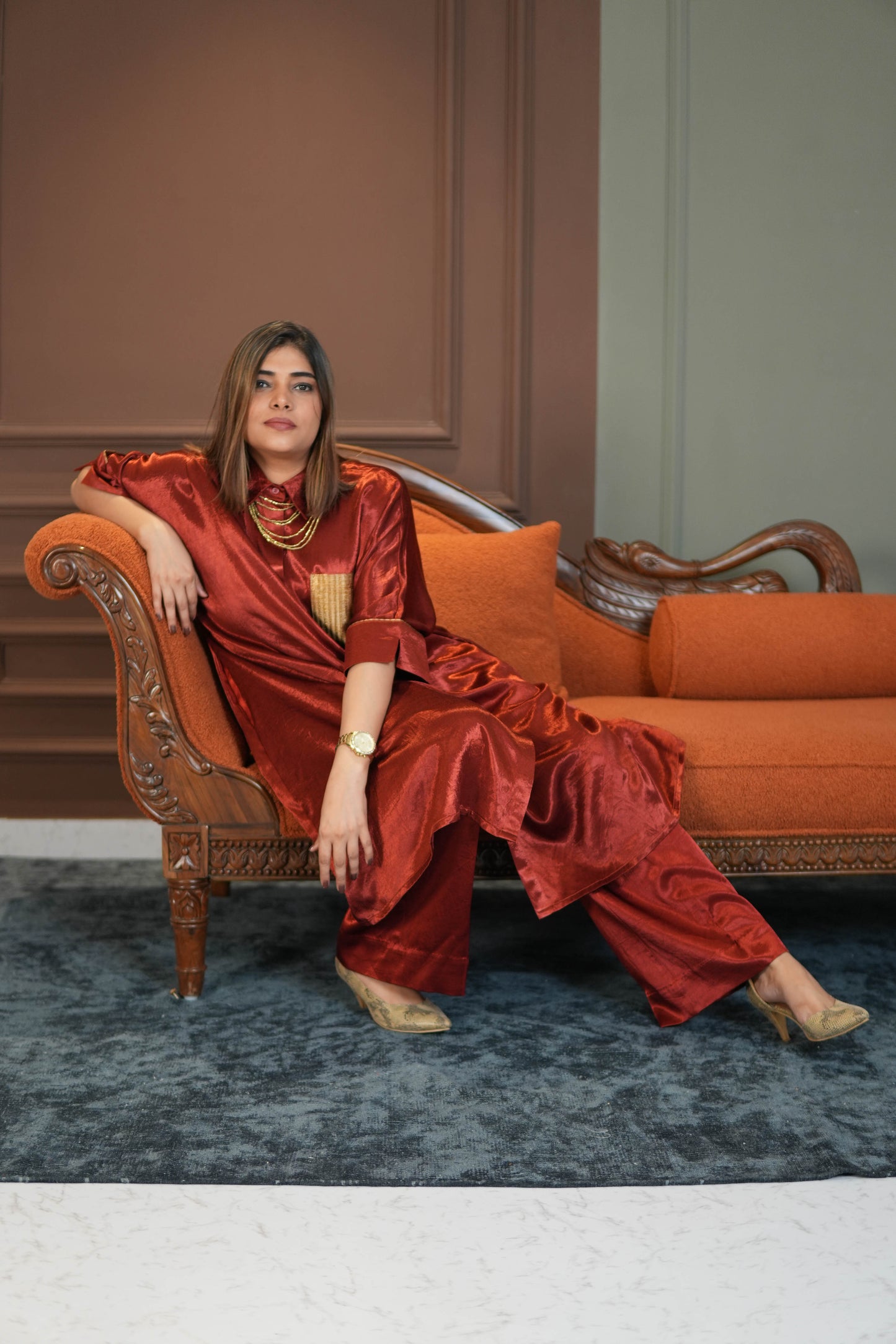 SUURKH RED MASHRU SHIRT AND PANTS SET