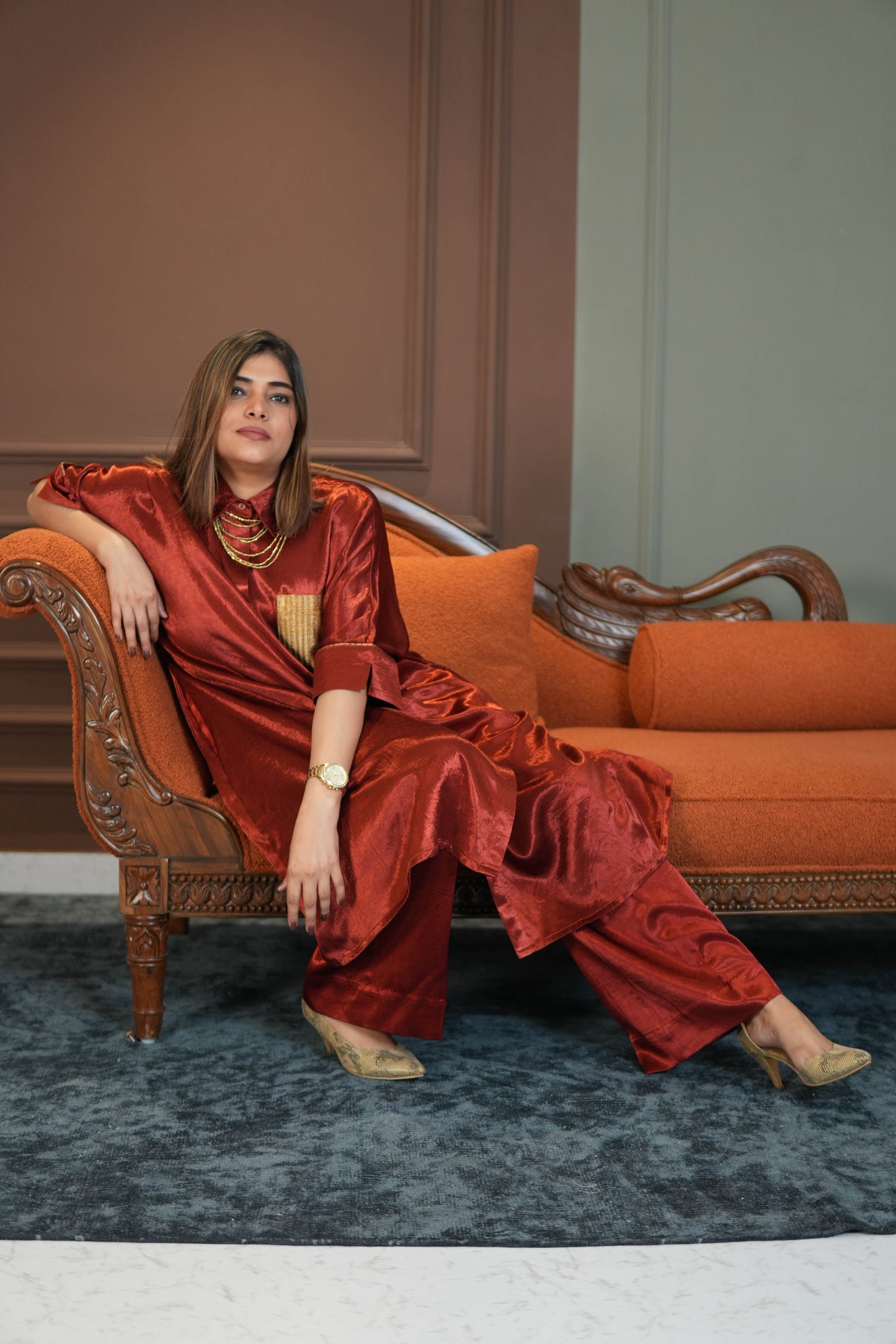SUURKH RED MASHRU SHIRT AND PANTS SET