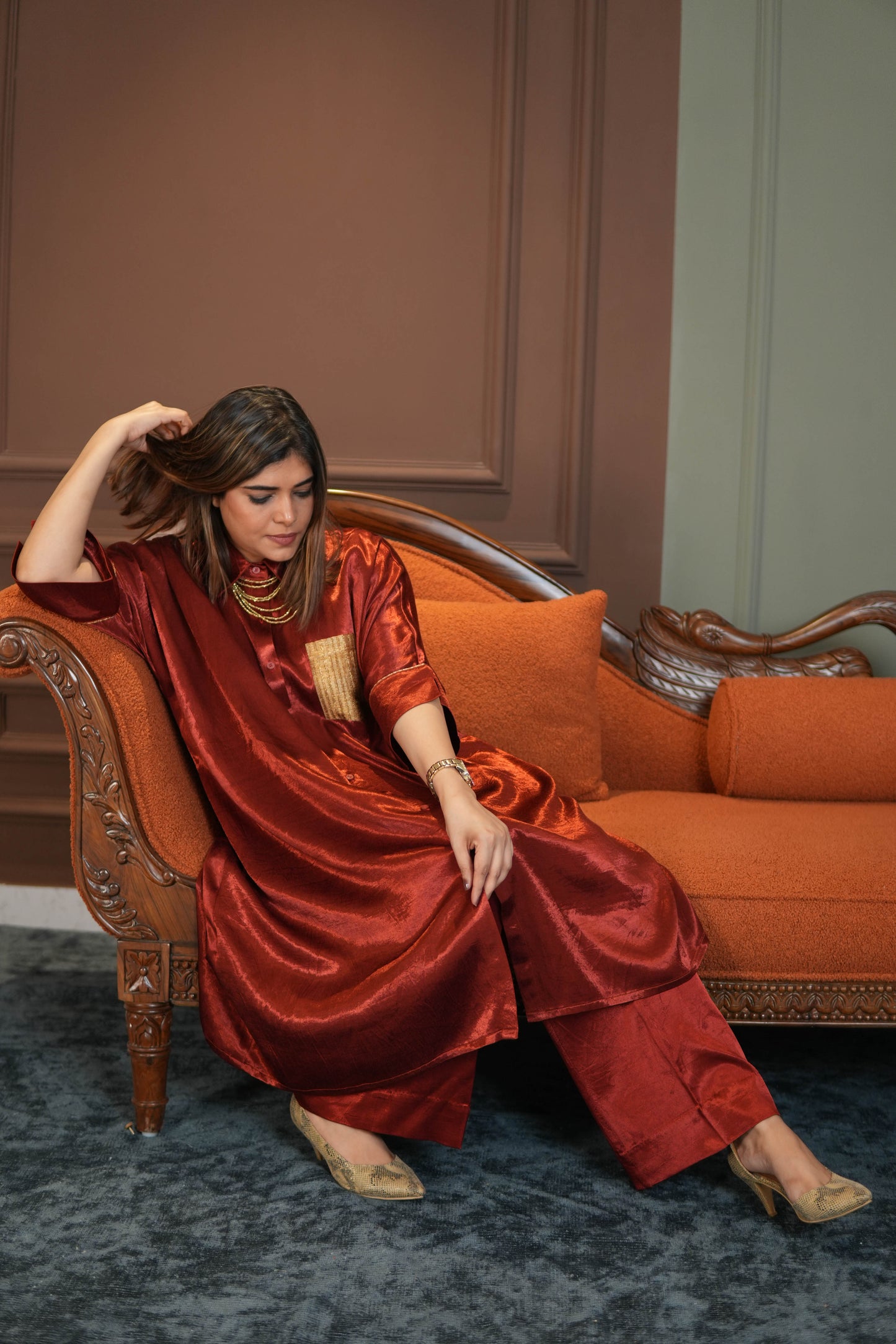 SUURKH RED MASHRU SHIRT AND PANTS SET
