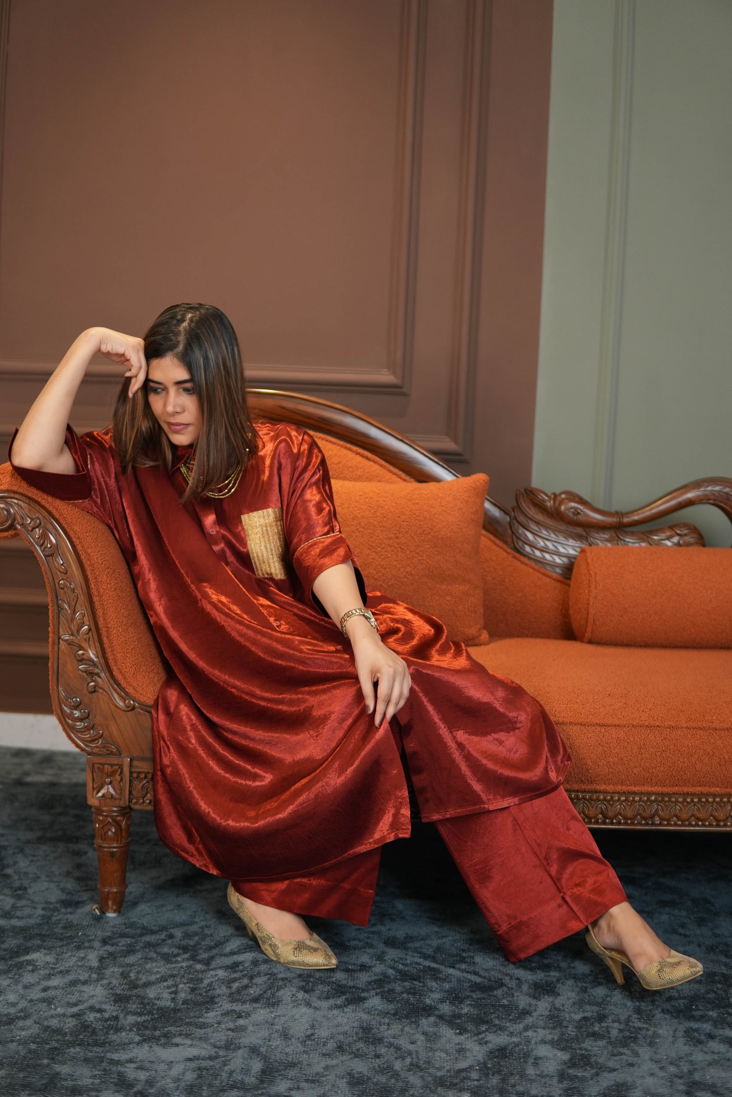 SUURKH RED MASHRU SHIRT AND PANTS SET