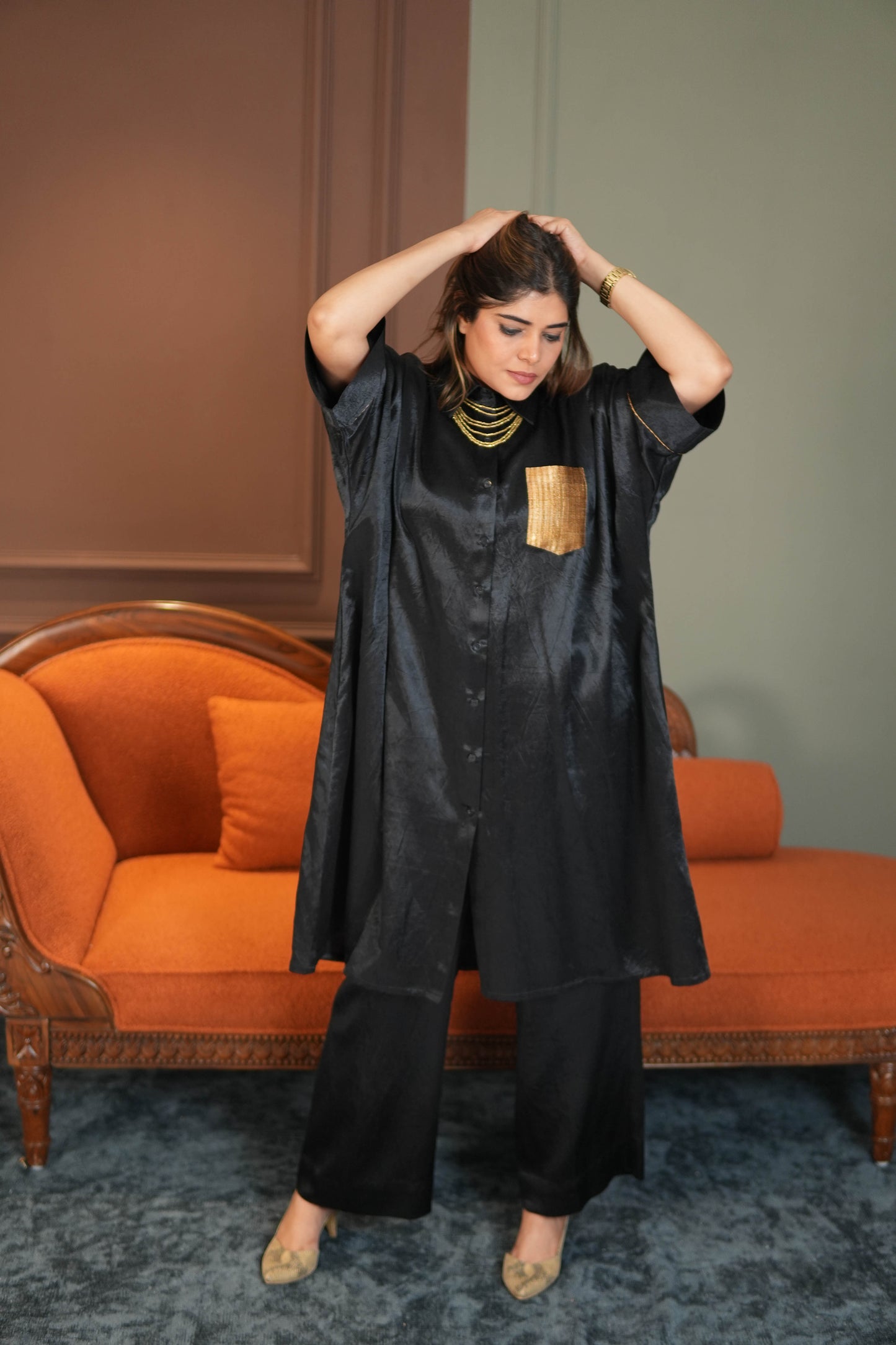 SAANJH BLACK MASHRU SHIRT AND PANTS SET