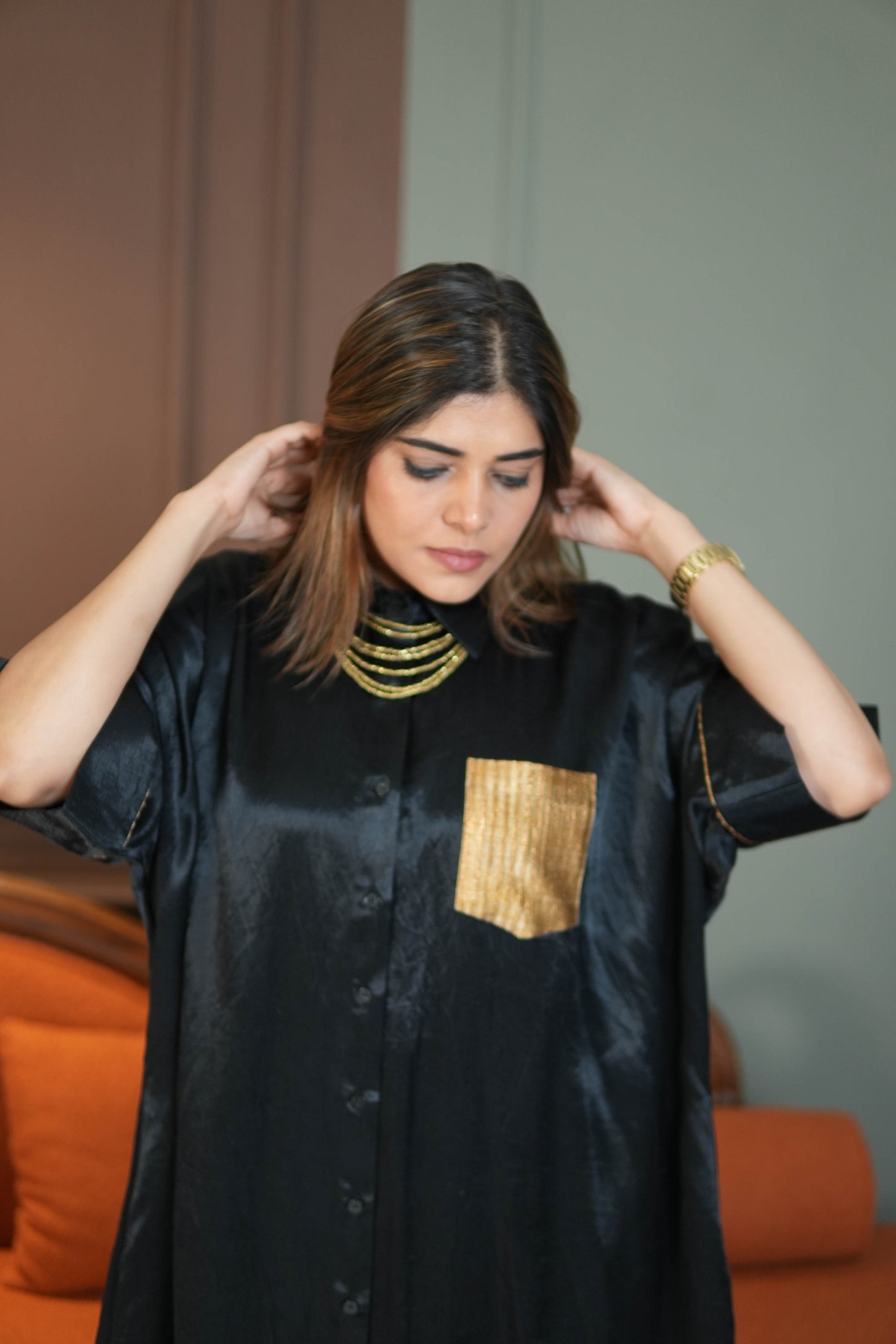 SAANJH BLACK MASHRU SHIRT AND PANTS SET