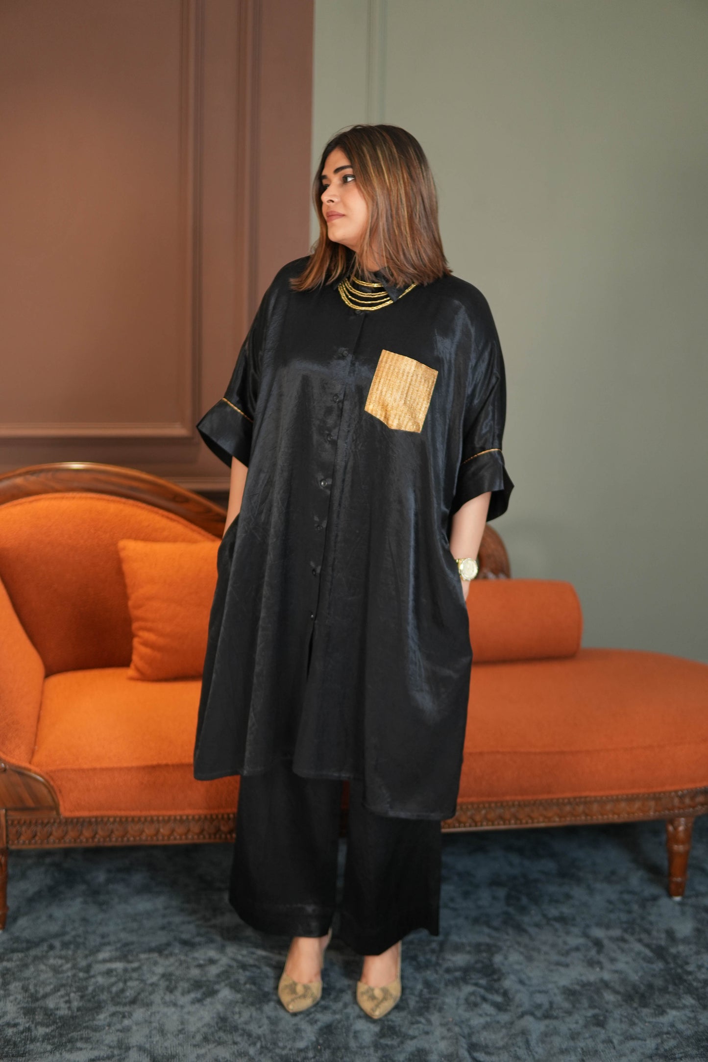SAANJH BLACK MASHRU SHIRT AND PANTS SET