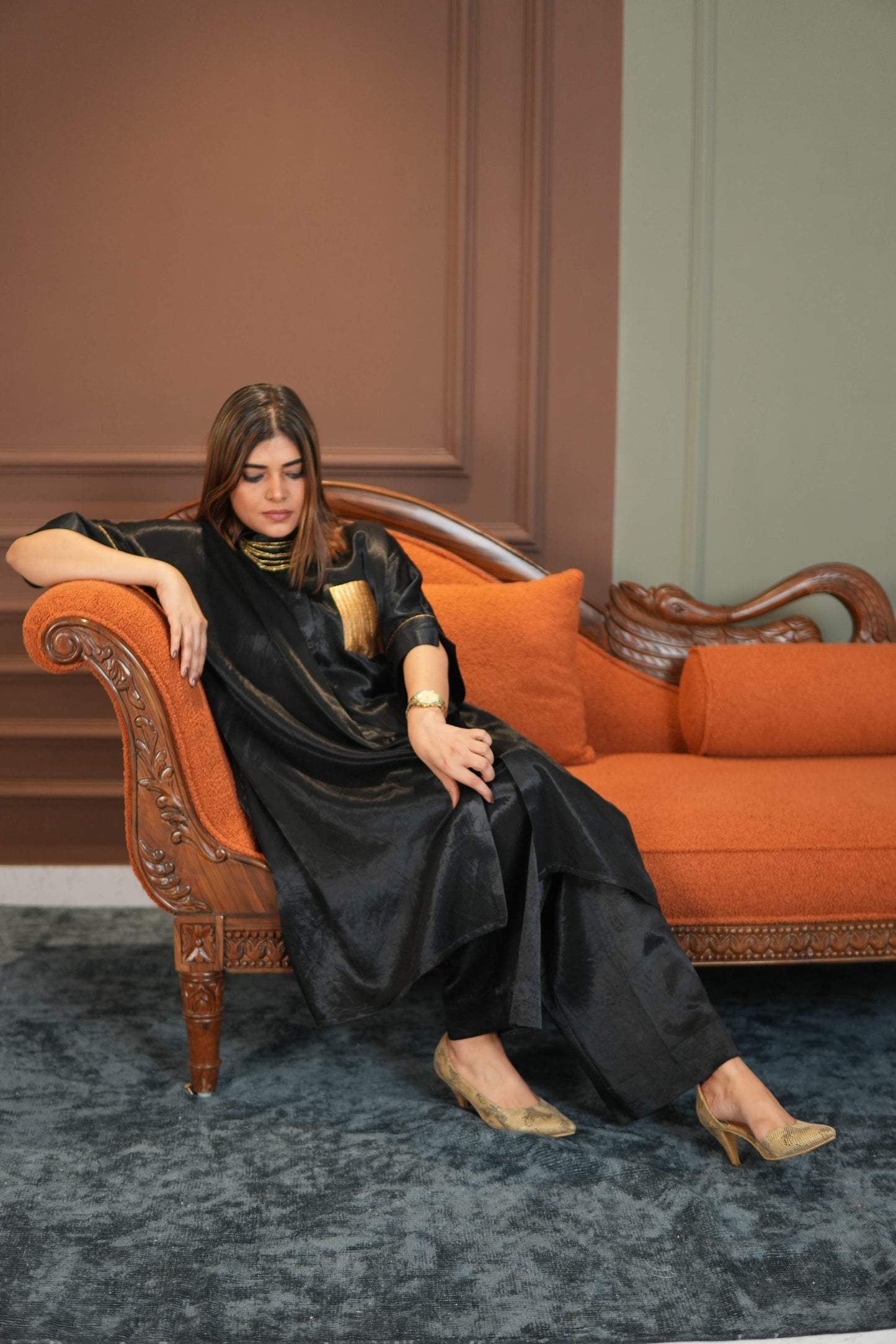 SAANJH BLACK MASHRU SHIRT AND PANTS SET