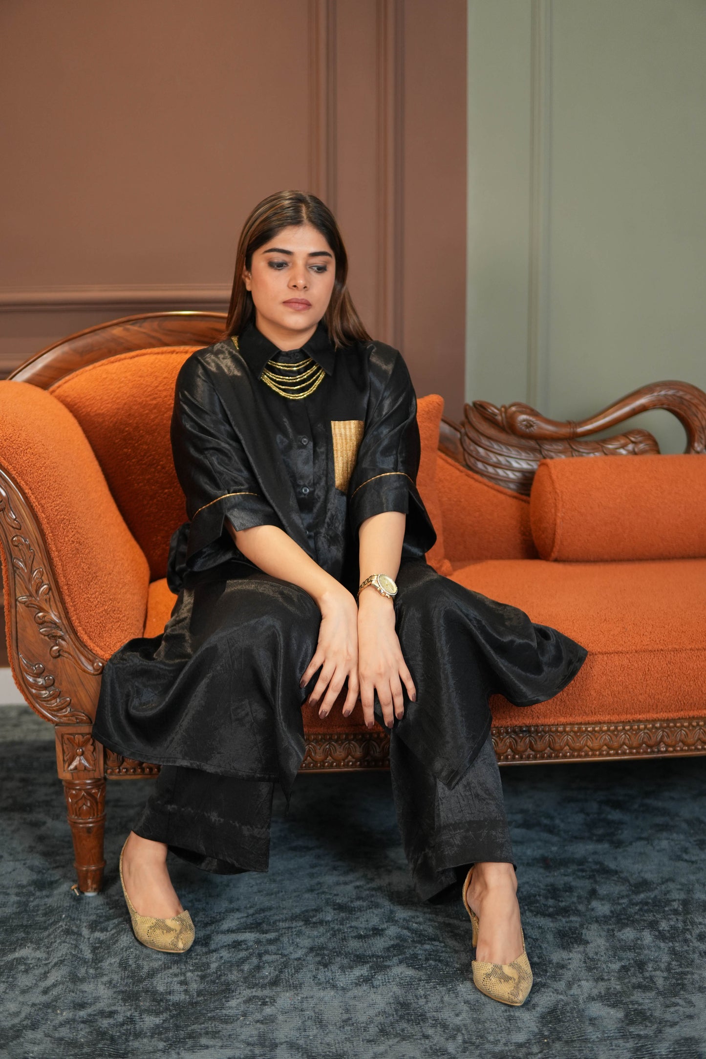 SAANJH BLACK MASHRU SHIRT AND PANTS SET