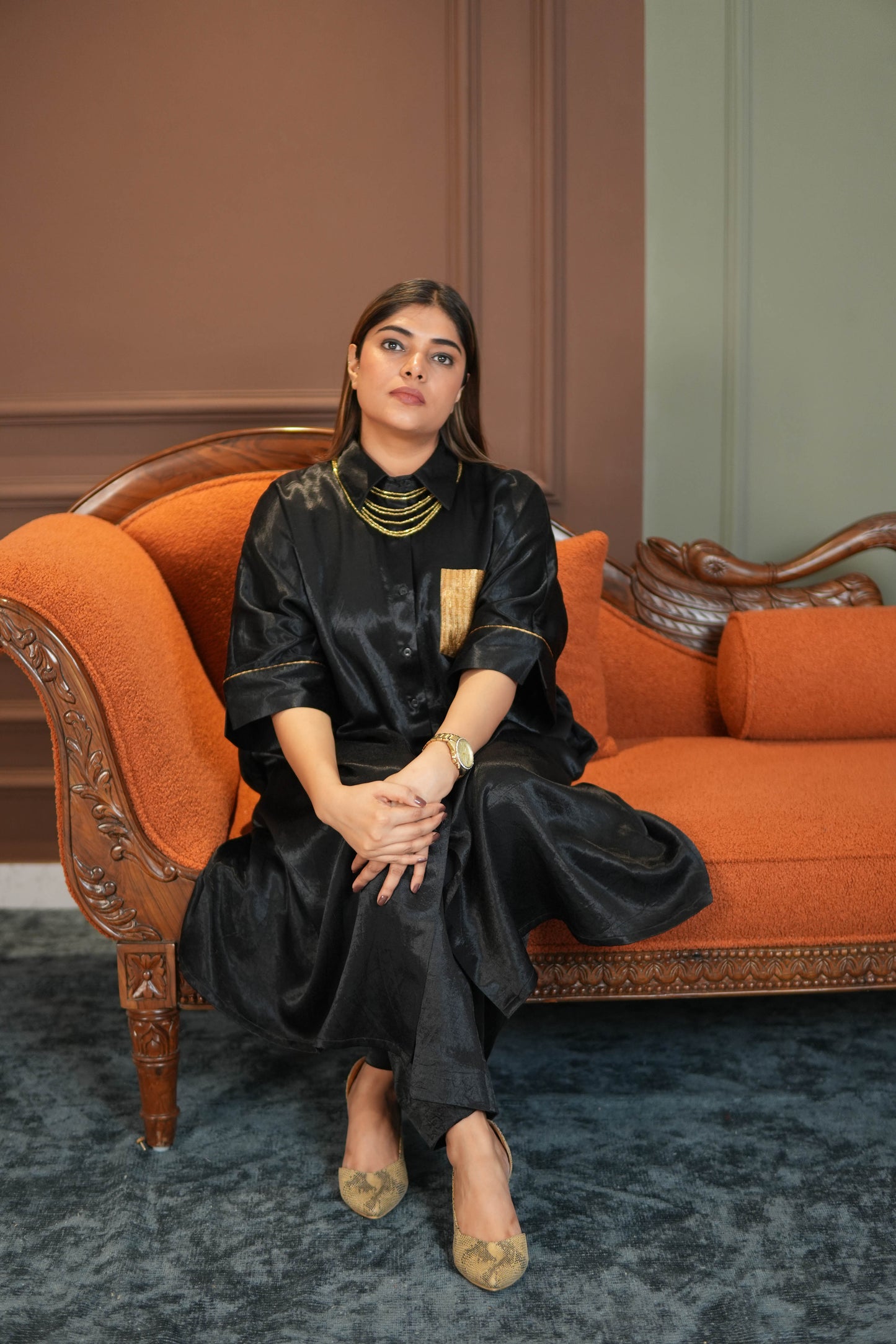 SAANJH BLACK MASHRU SHIRT AND PANTS SET