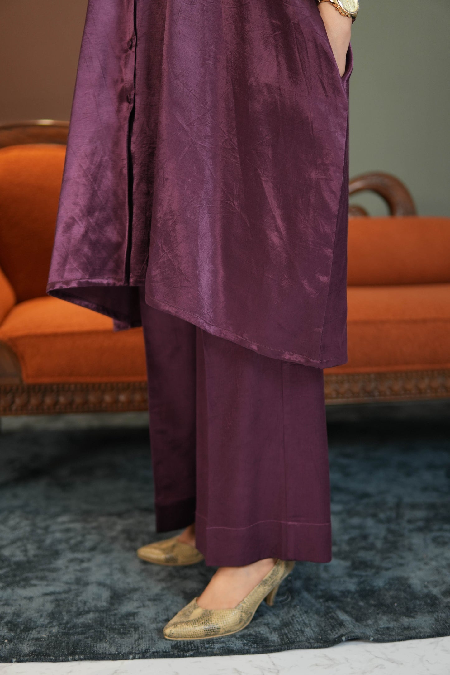 SHAFAQ PURPLE MASHRU SHIRT AND PANTS SET