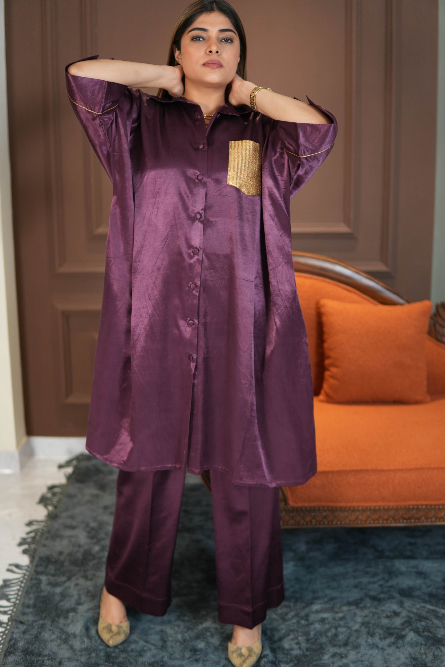 SHAFAQ PURPLE MASHRU SHIRT AND PANTS SET