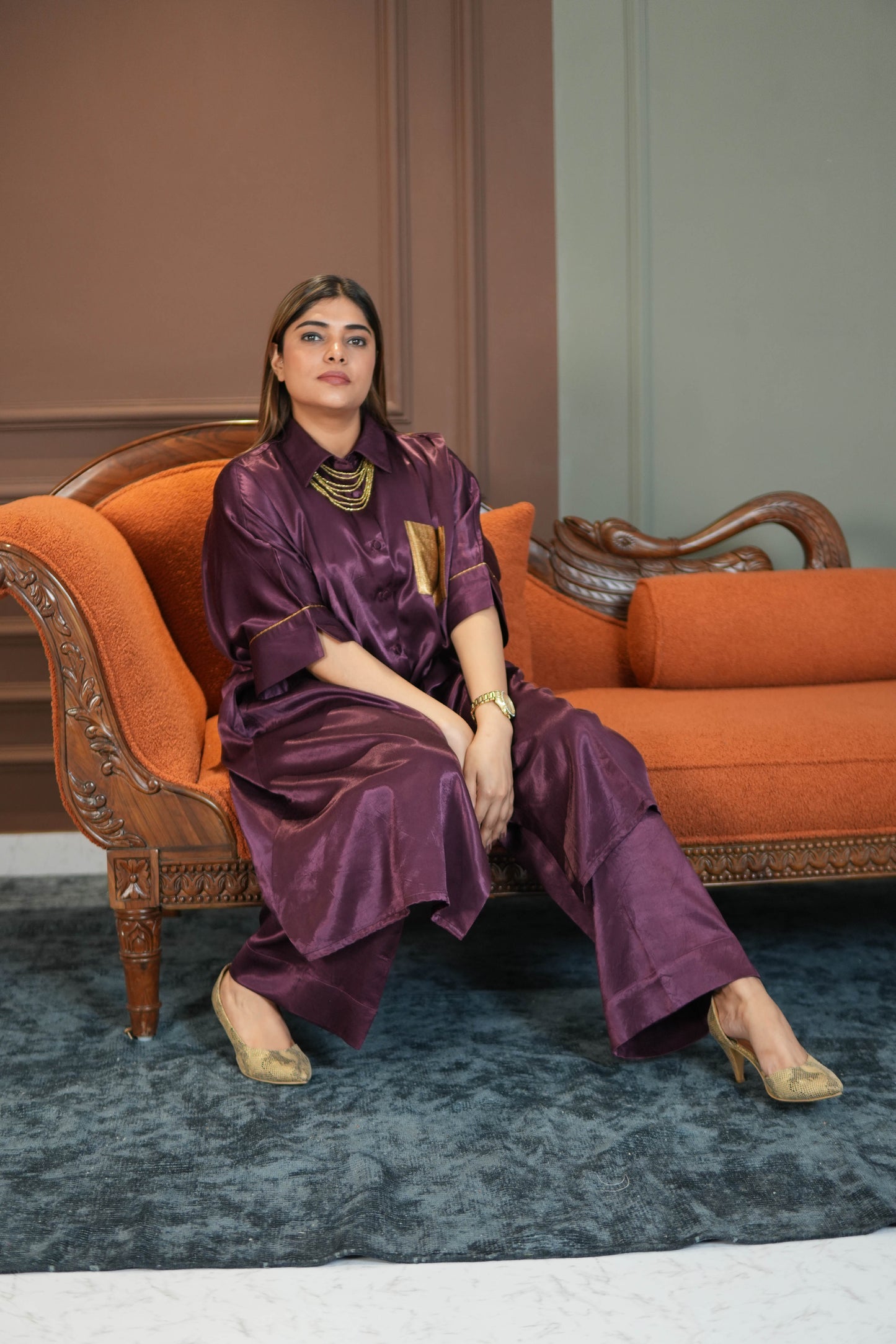 SHAFAQ PURPLE MASHRU SHIRT AND PANTS SET