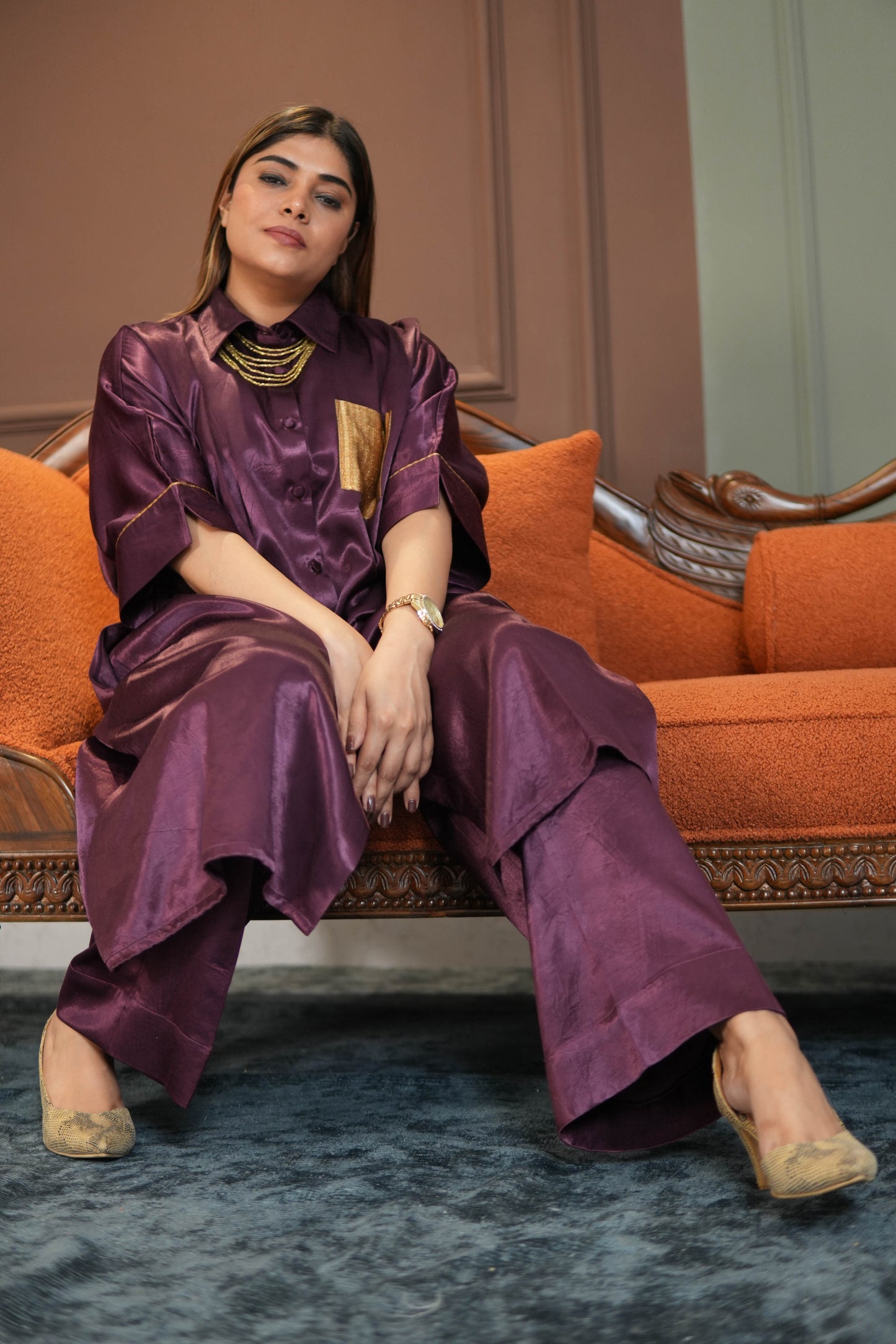 SHAFAQ PURPLE MASHRU SHIRT AND PANTS SET