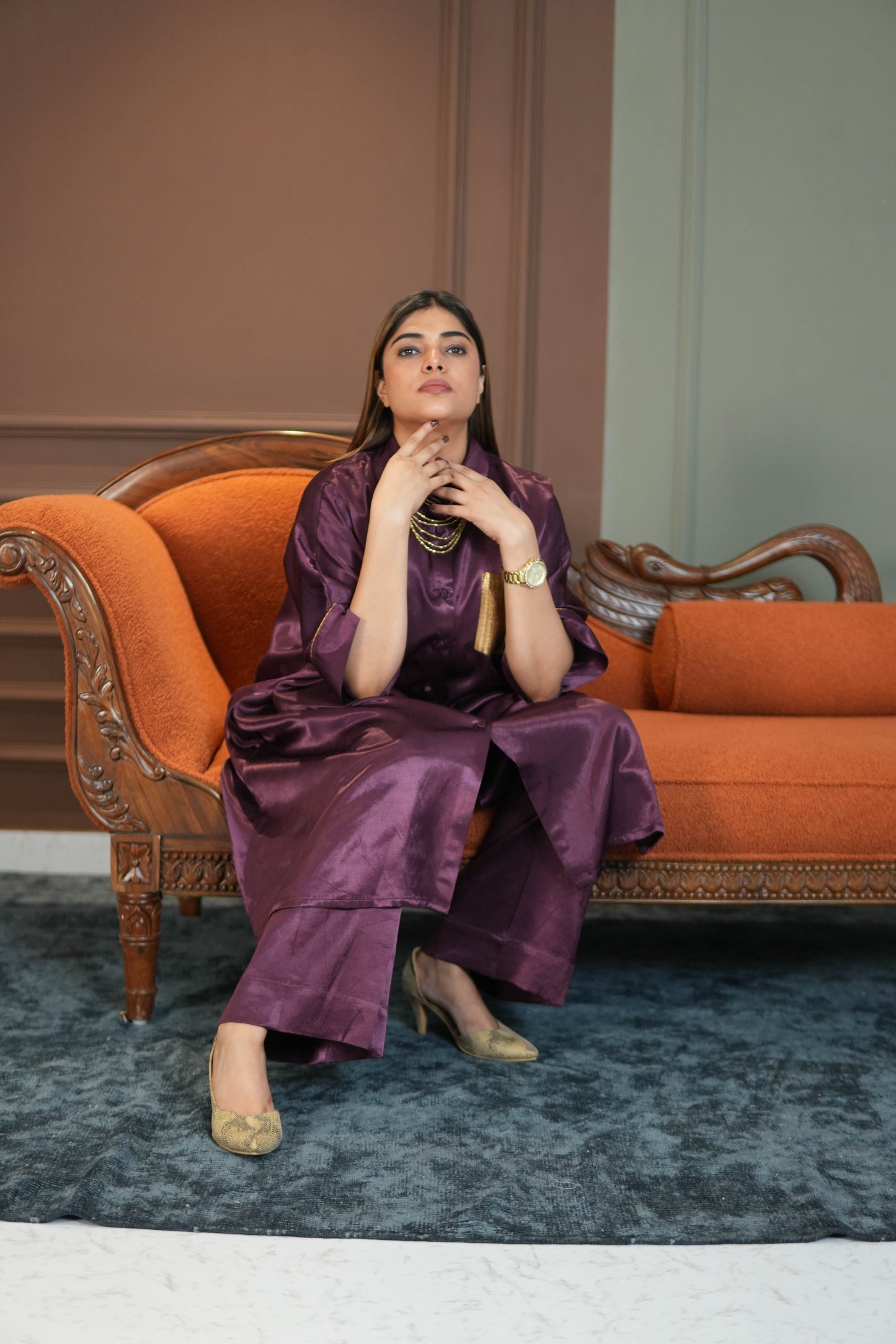 SHAFAQ PURPLE MASHRU SHIRT AND PANTS SET