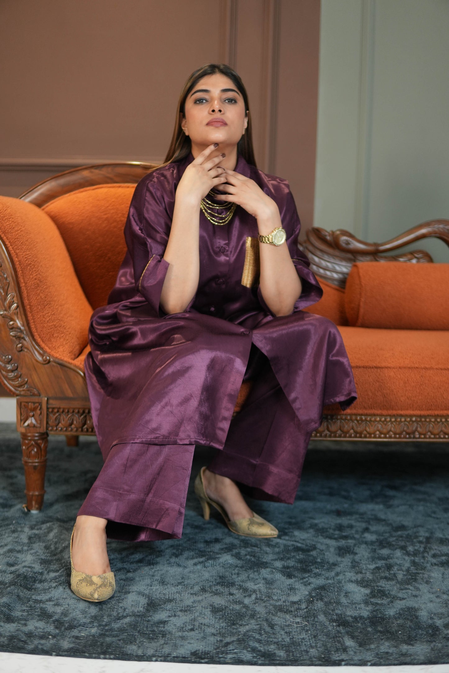 SHAFAQ PURPLE MASHRU SHIRT AND PANTS SET