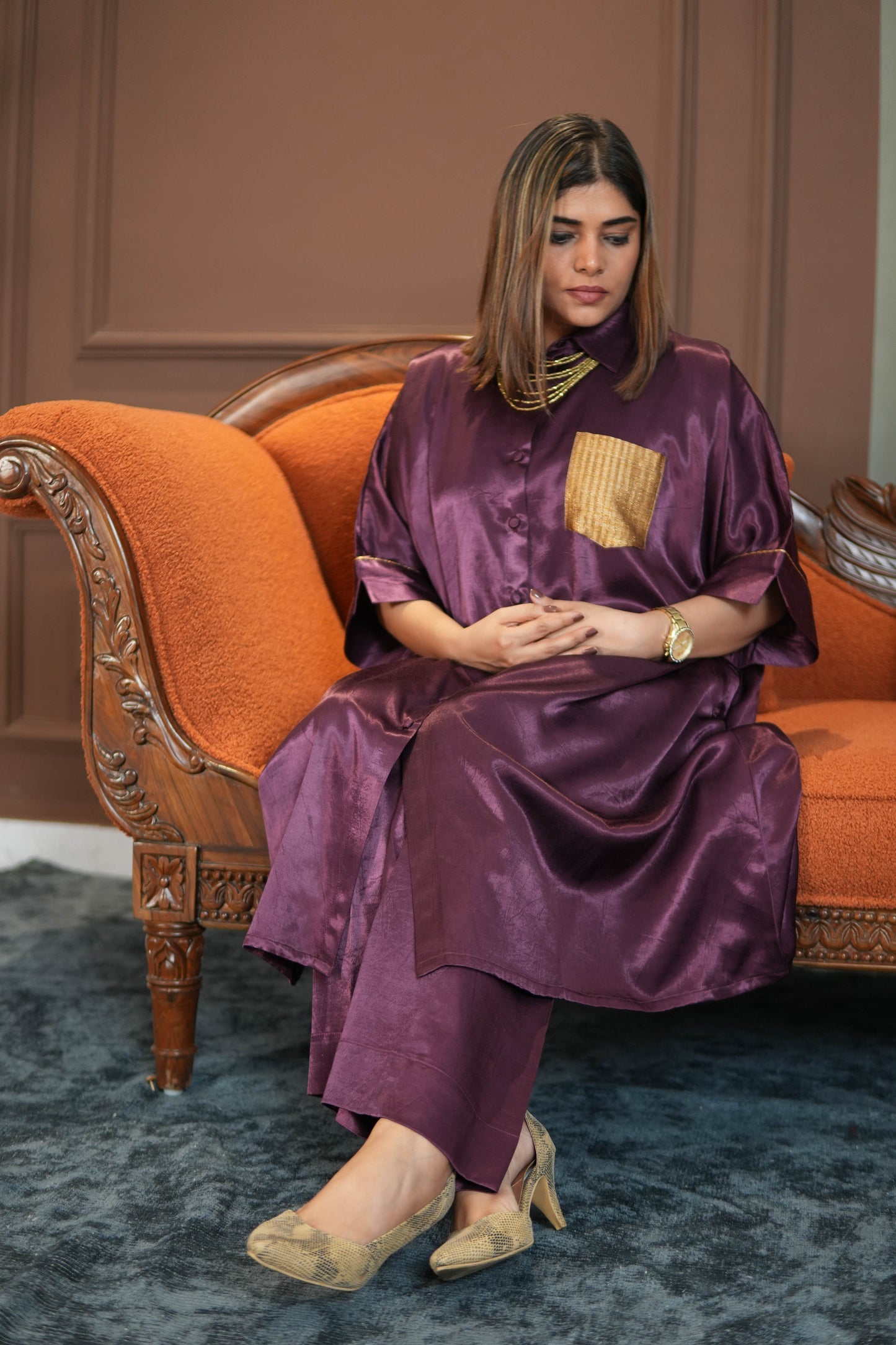 SHAFAQ PURPLE MASHRU SHIRT AND PANTS SET