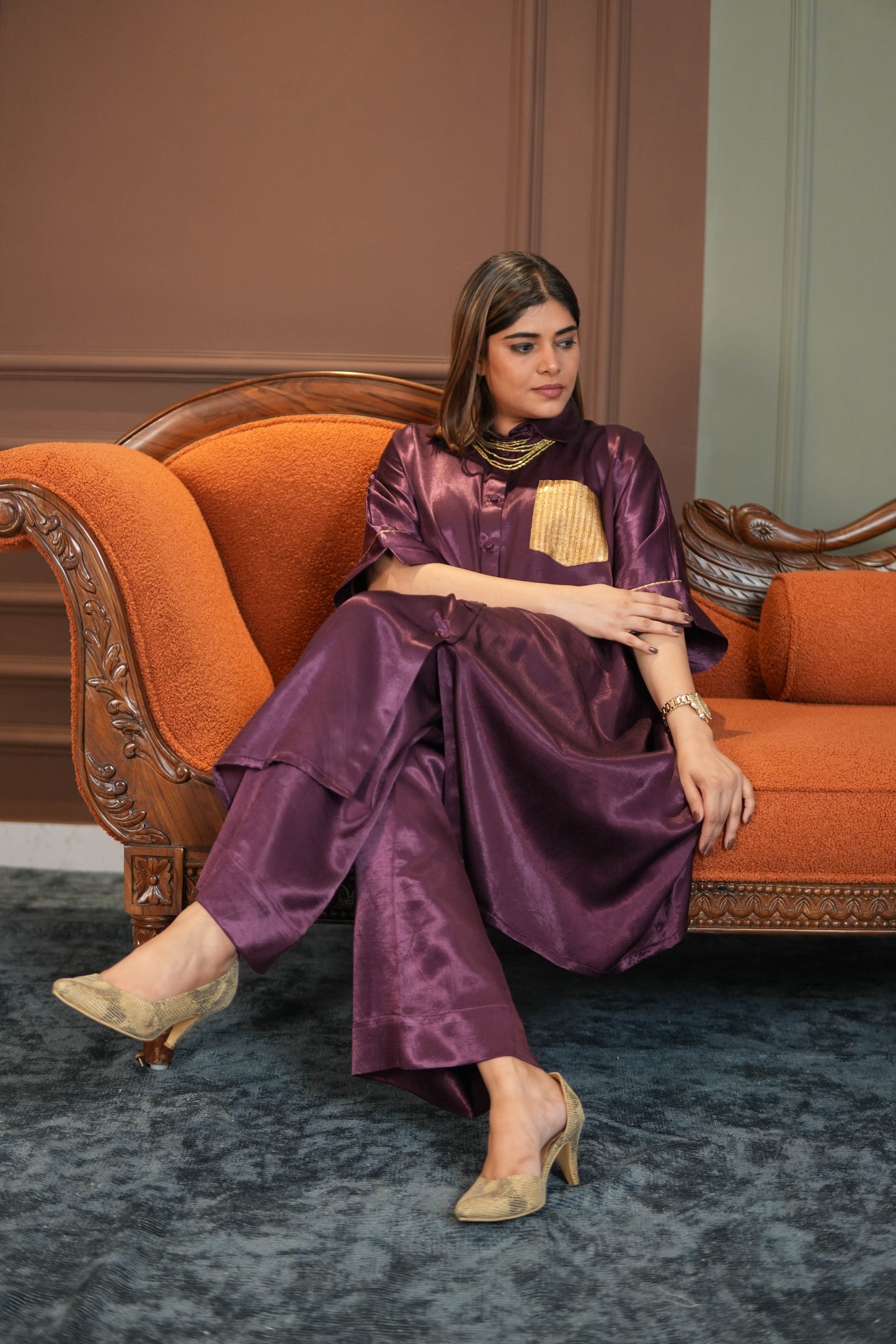 SHAFAQ PURPLE MASHRU SHIRT AND PANTS SET