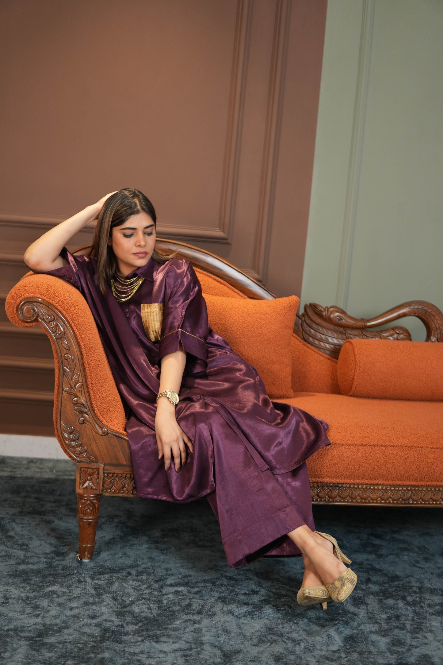 SHAFAQ PURPLE MASHRU SHIRT AND PANTS SET