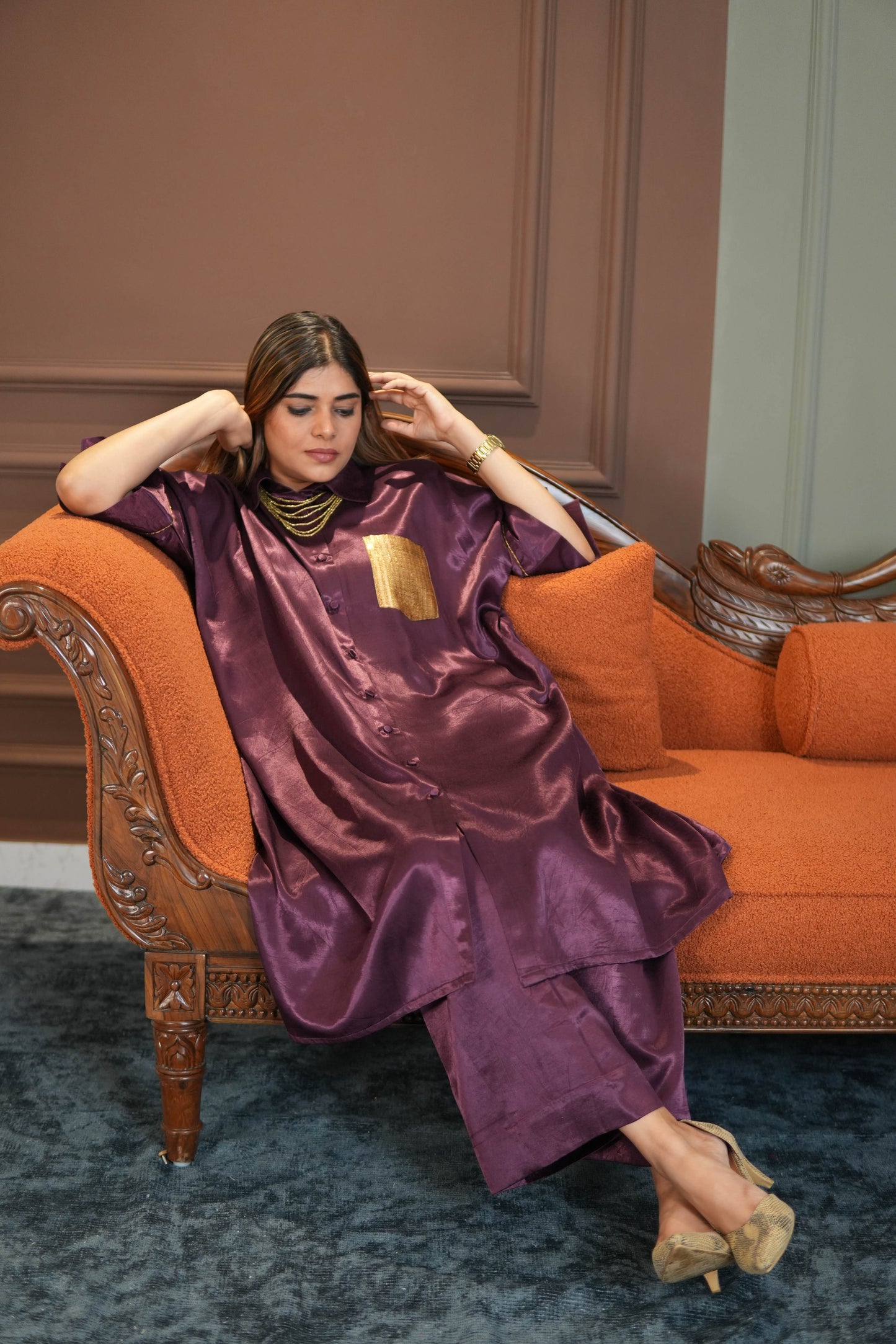 SHAFAQ PURPLE MASHRU SHIRT AND PANTS SET
