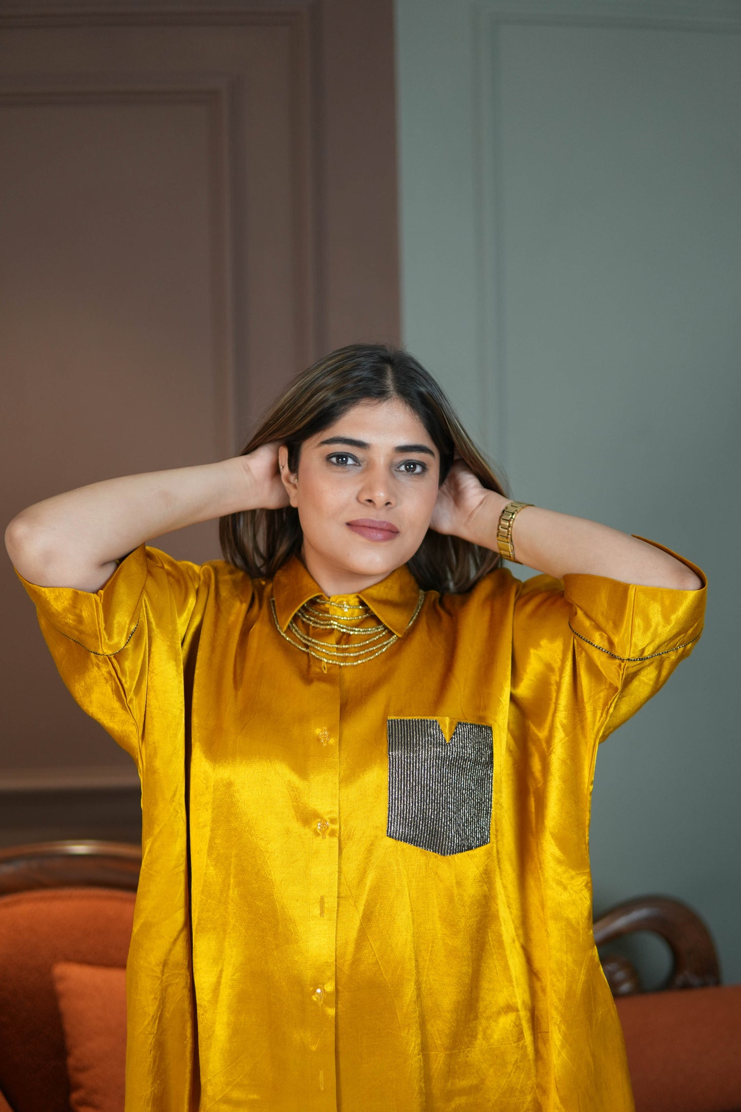 SUNEHRI MUSTARD MASHRU SILK SHIRT & PANTS SET