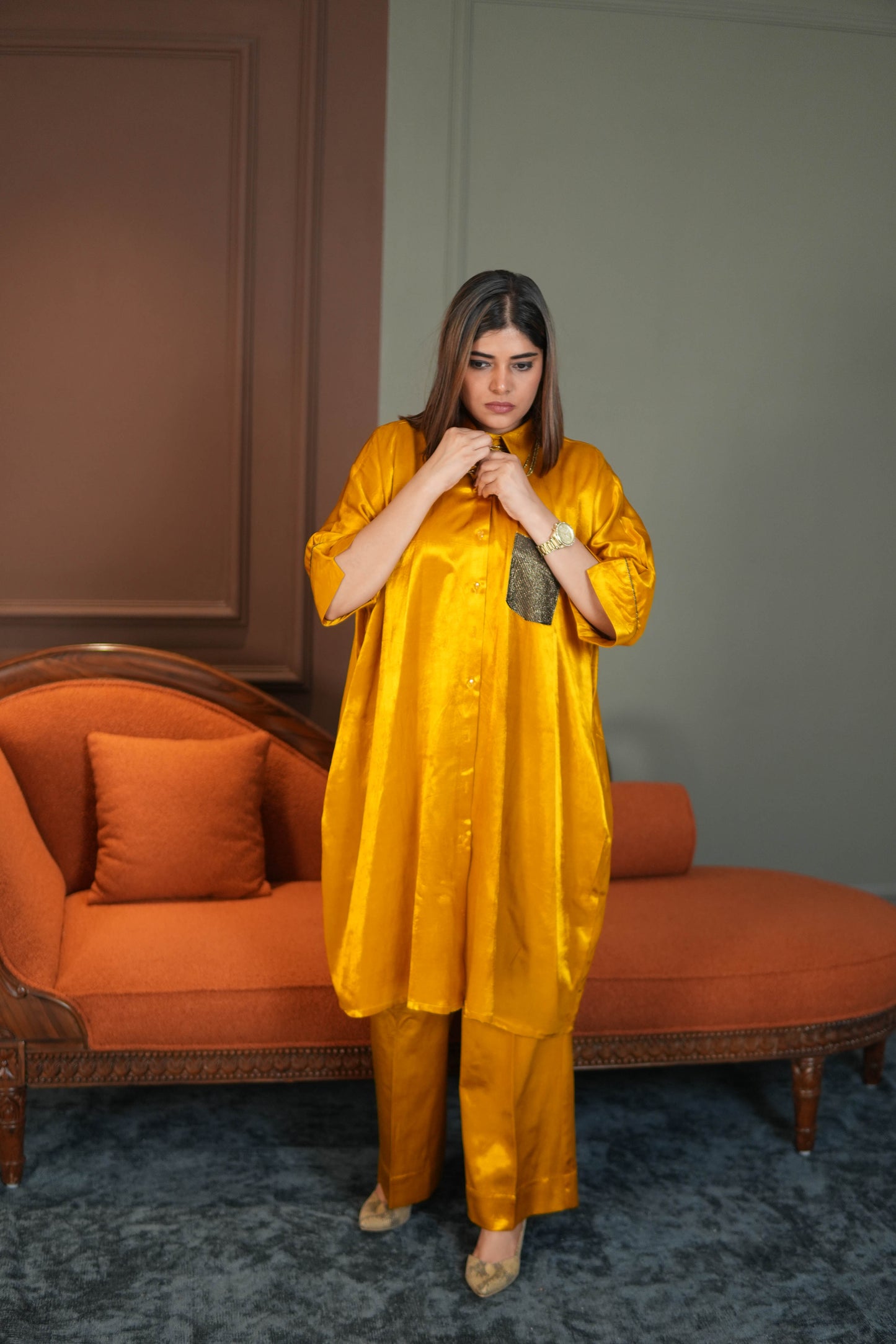 SUNEHRI MUSTARD MASHRU SILK SHIRT & PANTS SET