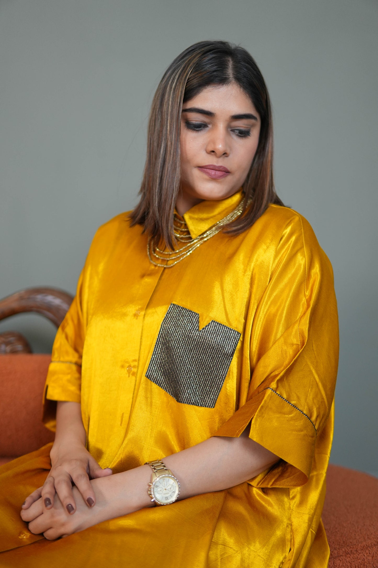 SUNEHRI MUSTARD MASHRU SILK SHIRT & PANTS SET