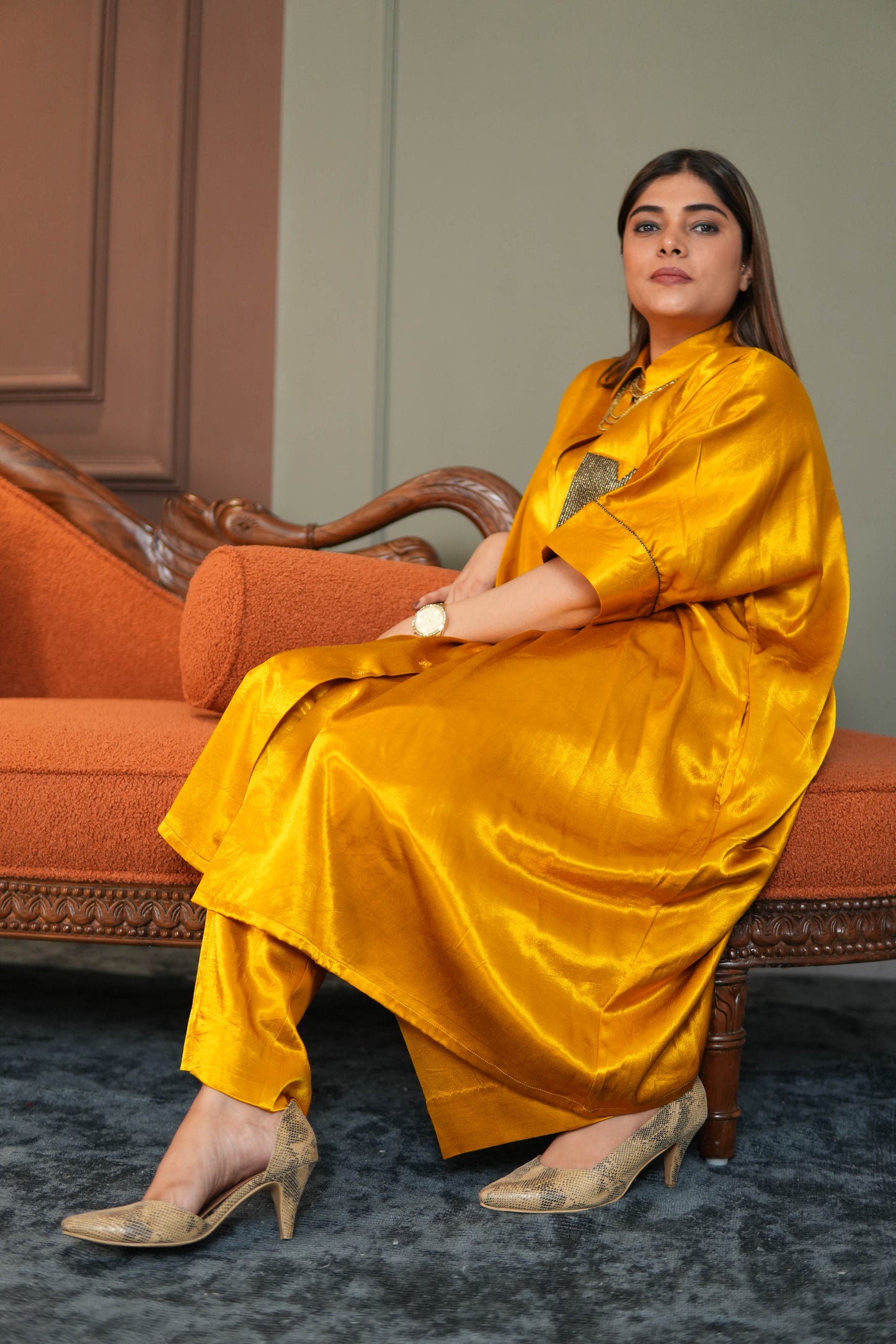 SUNEHRI MUSTARD MASHRU SILK SHIRT & PANTS SET