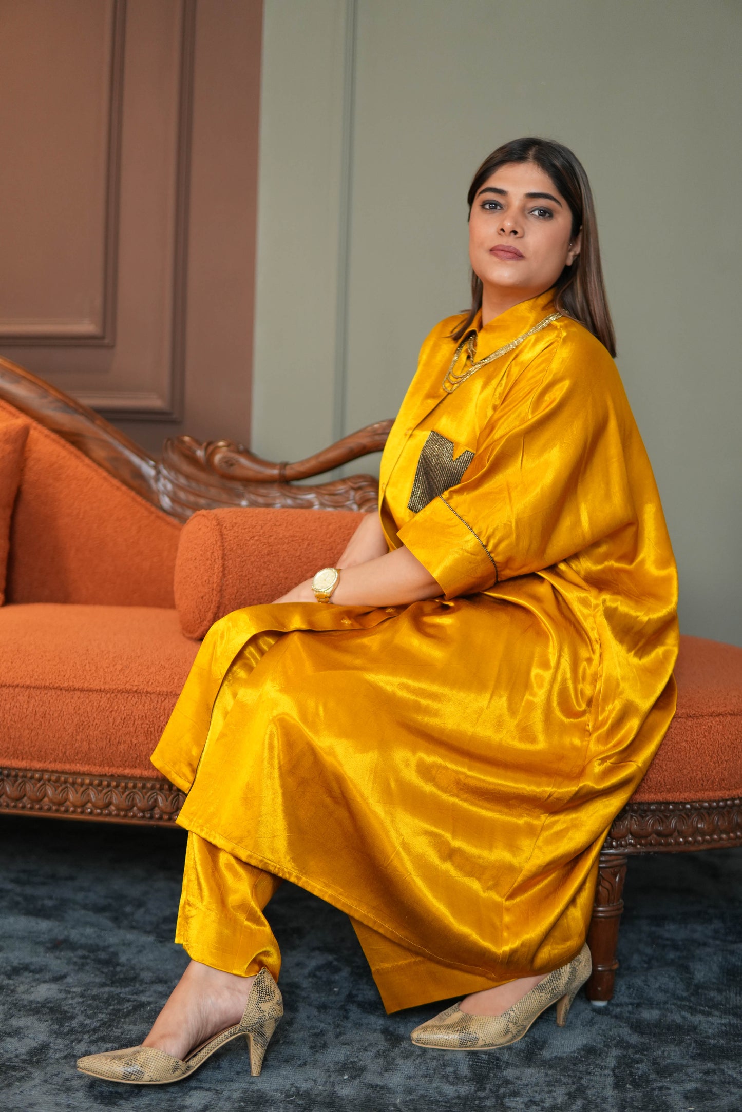 SUNEHRI MUSTARD MASHRU SILK SHIRT & PANTS SET