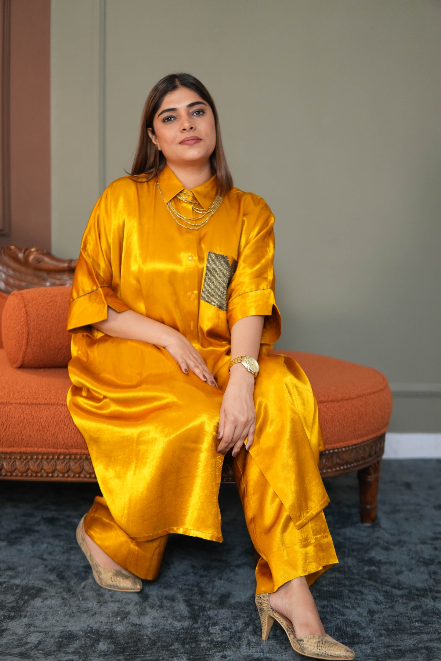 SUNEHRI MUSTARD MASHRU SILK SHIRT & PANTS SET