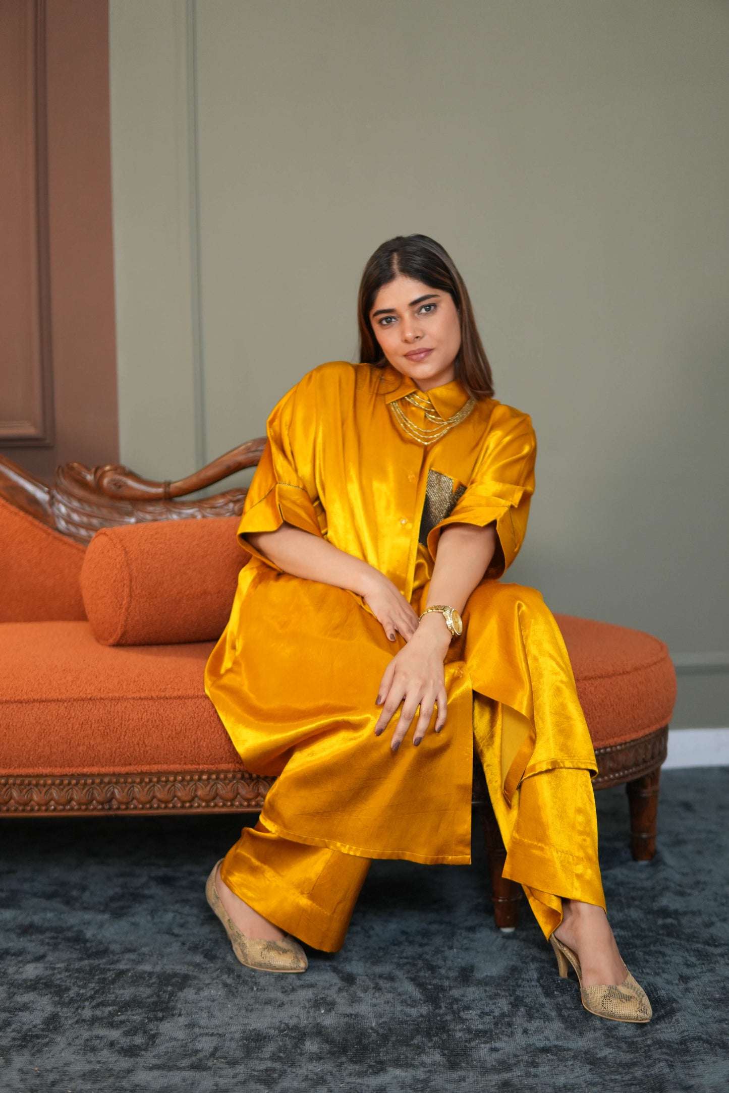 SUNEHRI MUSTARD MASHRU SILK SHIRT & PANTS SET