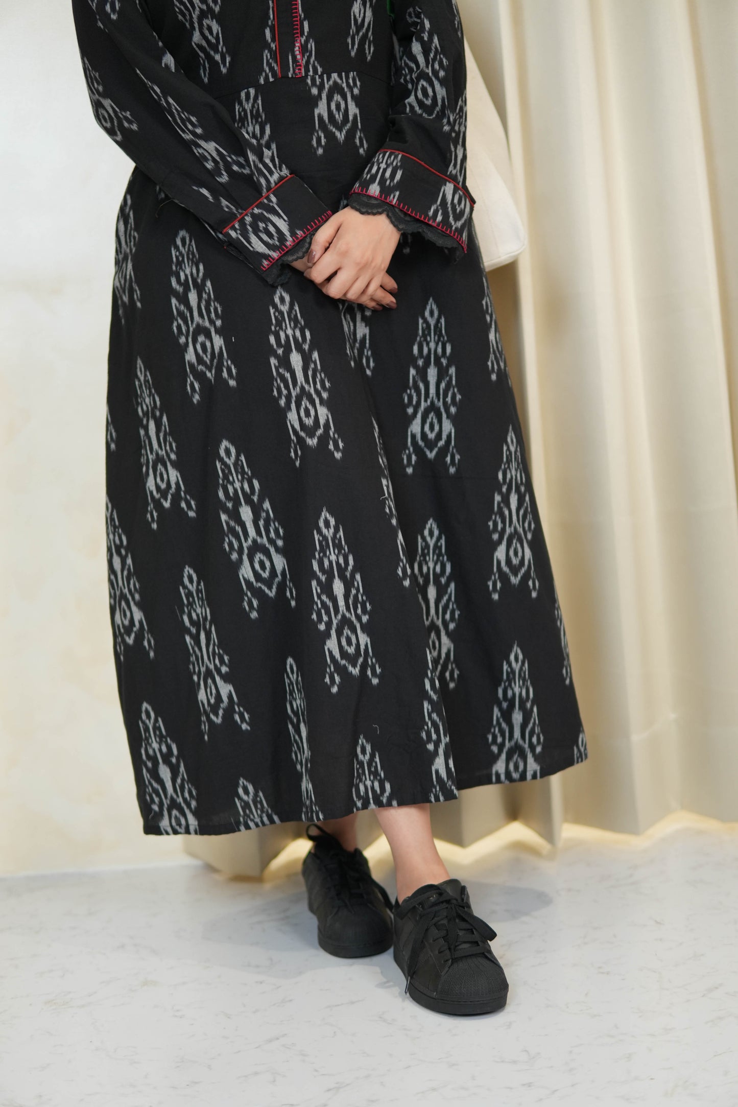 BLACK IKKAT LONG DRESS WITH ORGANZA DETAILING