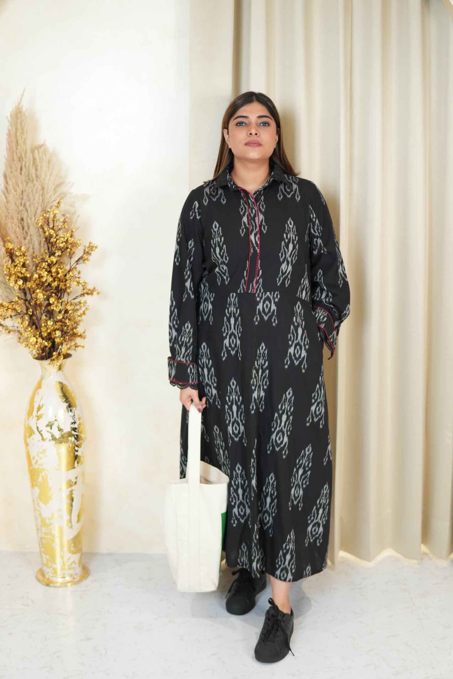 BLACK IKKAT LONG DRESS WITH ORGANZA DETAILING